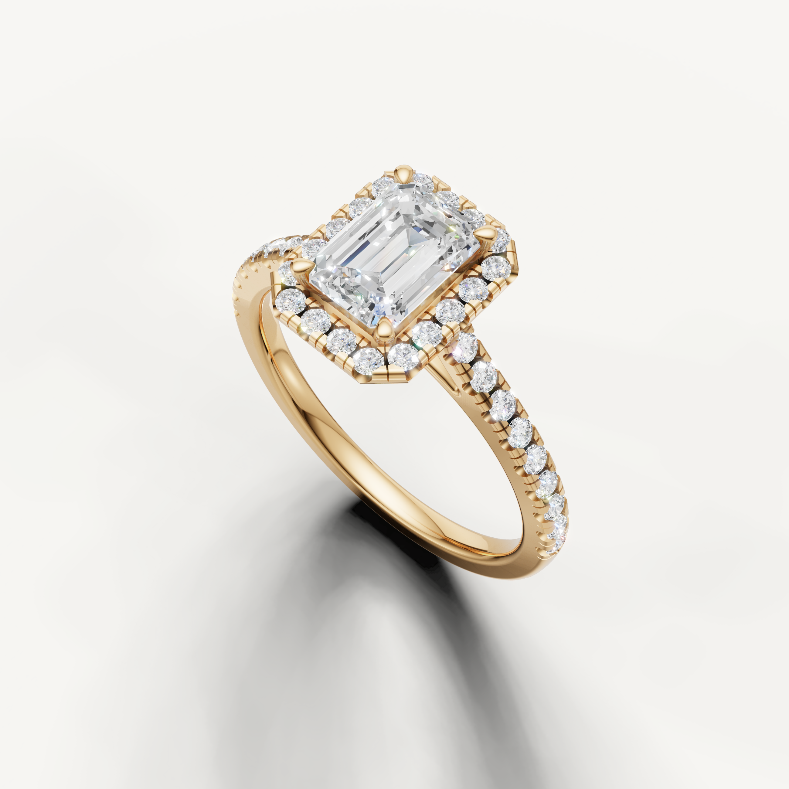 vintage inspired emerald cut lab grown diamond engagement ring with radiant halo