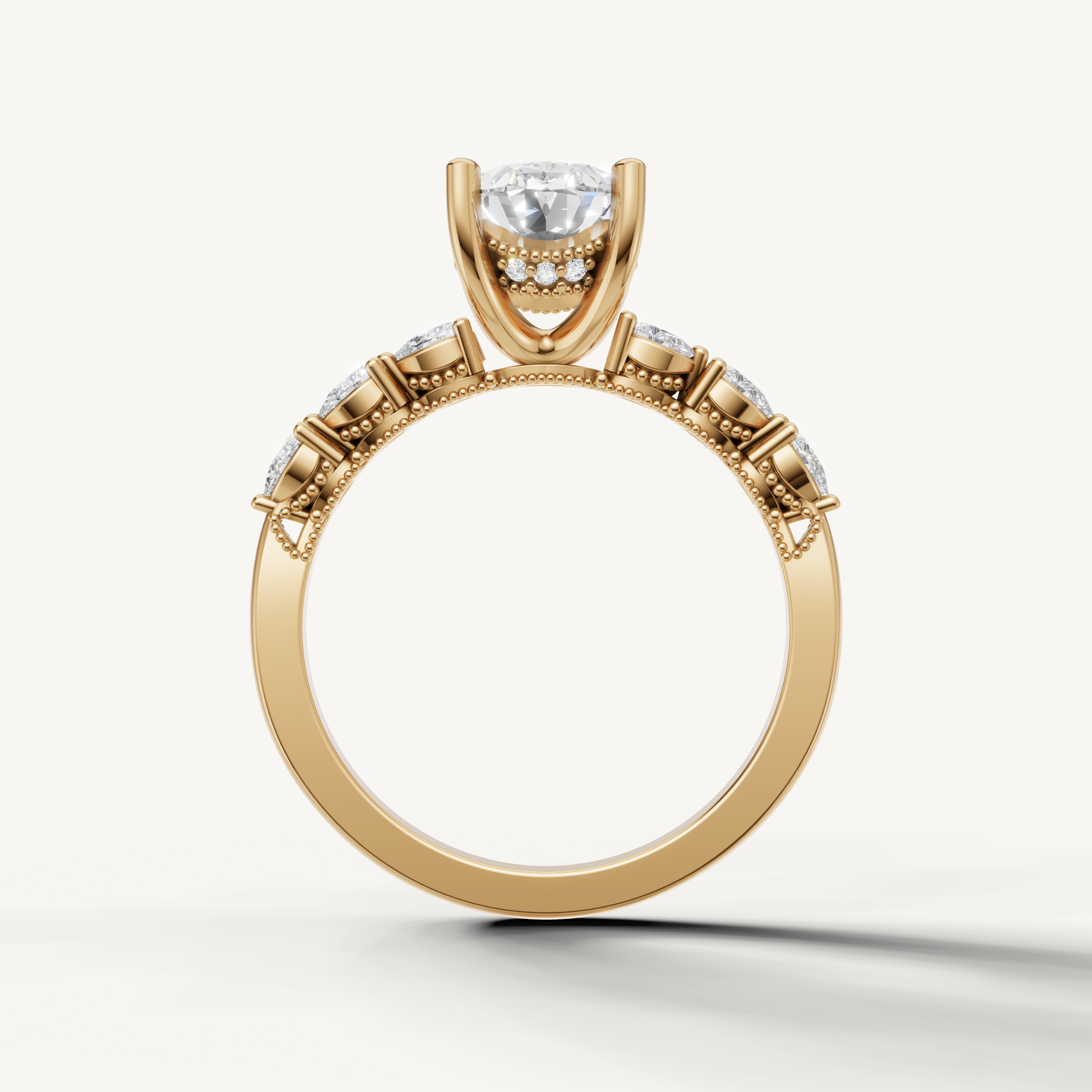 Oval cut lab grown diamond solitaire ring in yellow gold with marquise accent diamonds by Raul Diamonds