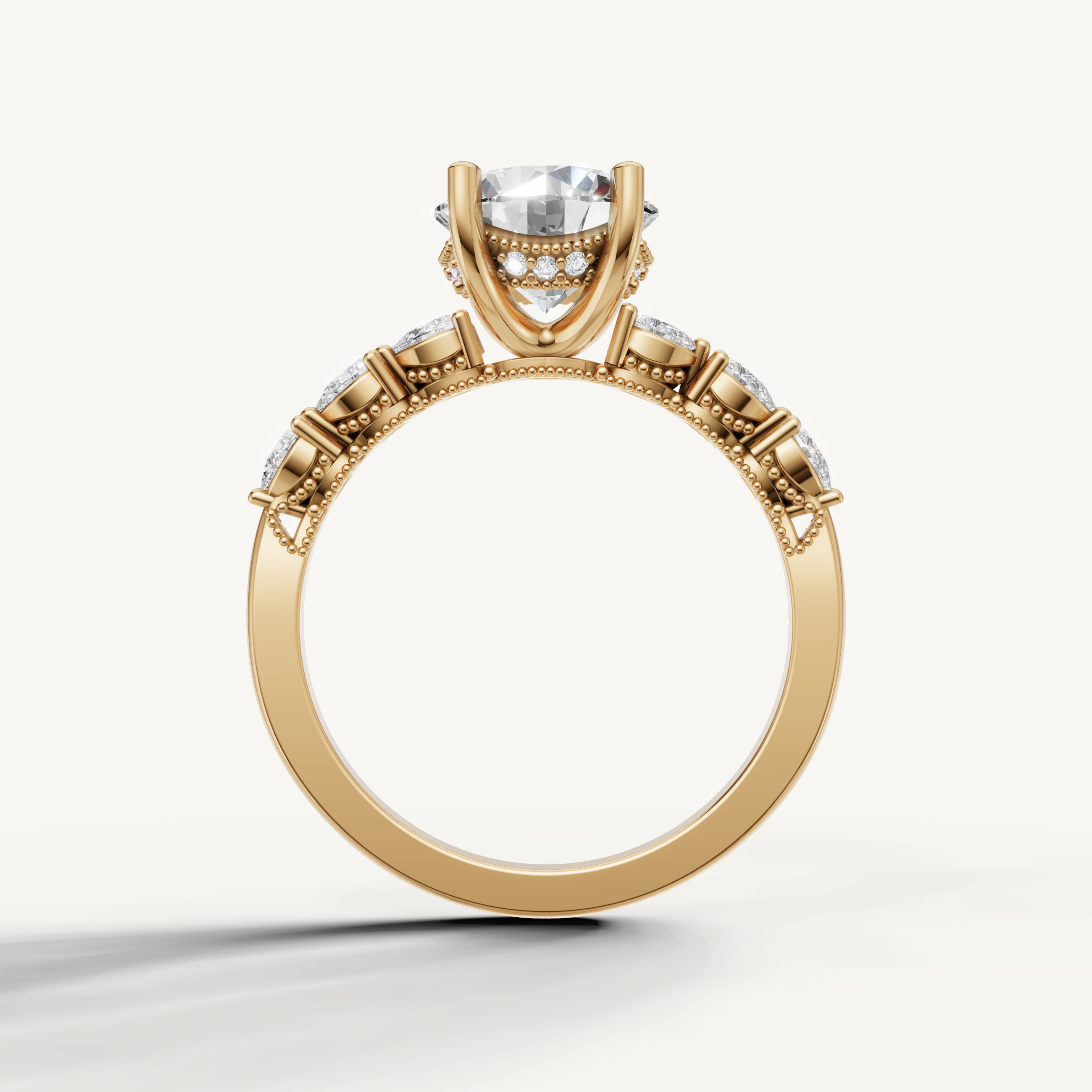 Round cut lab grown diamond solitaire ring in yellow gold with marquise accent diamonds by Raul Diamonds