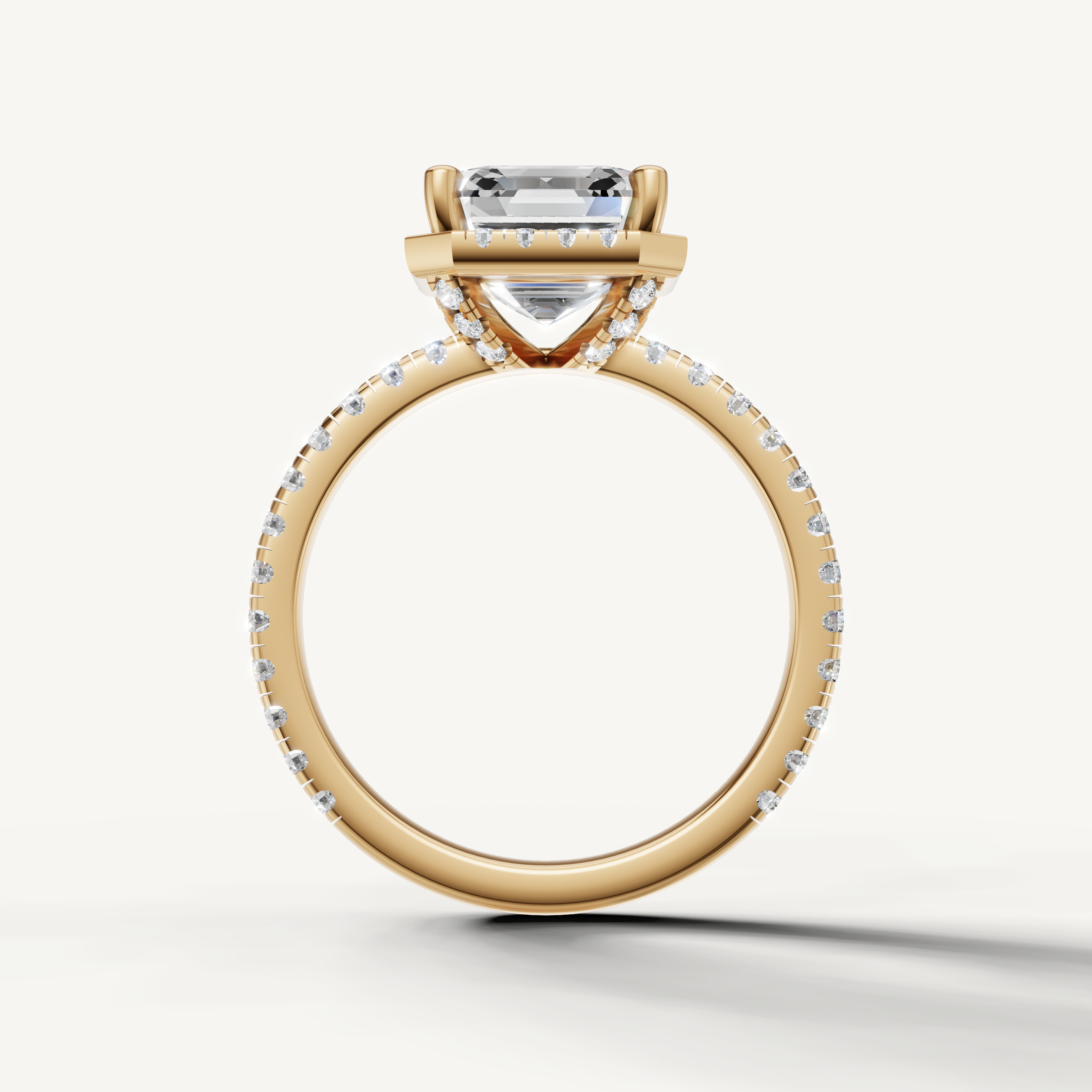 Square Asscher lab grown diamond ring with pavé setting yellow gold luxury engagement ring