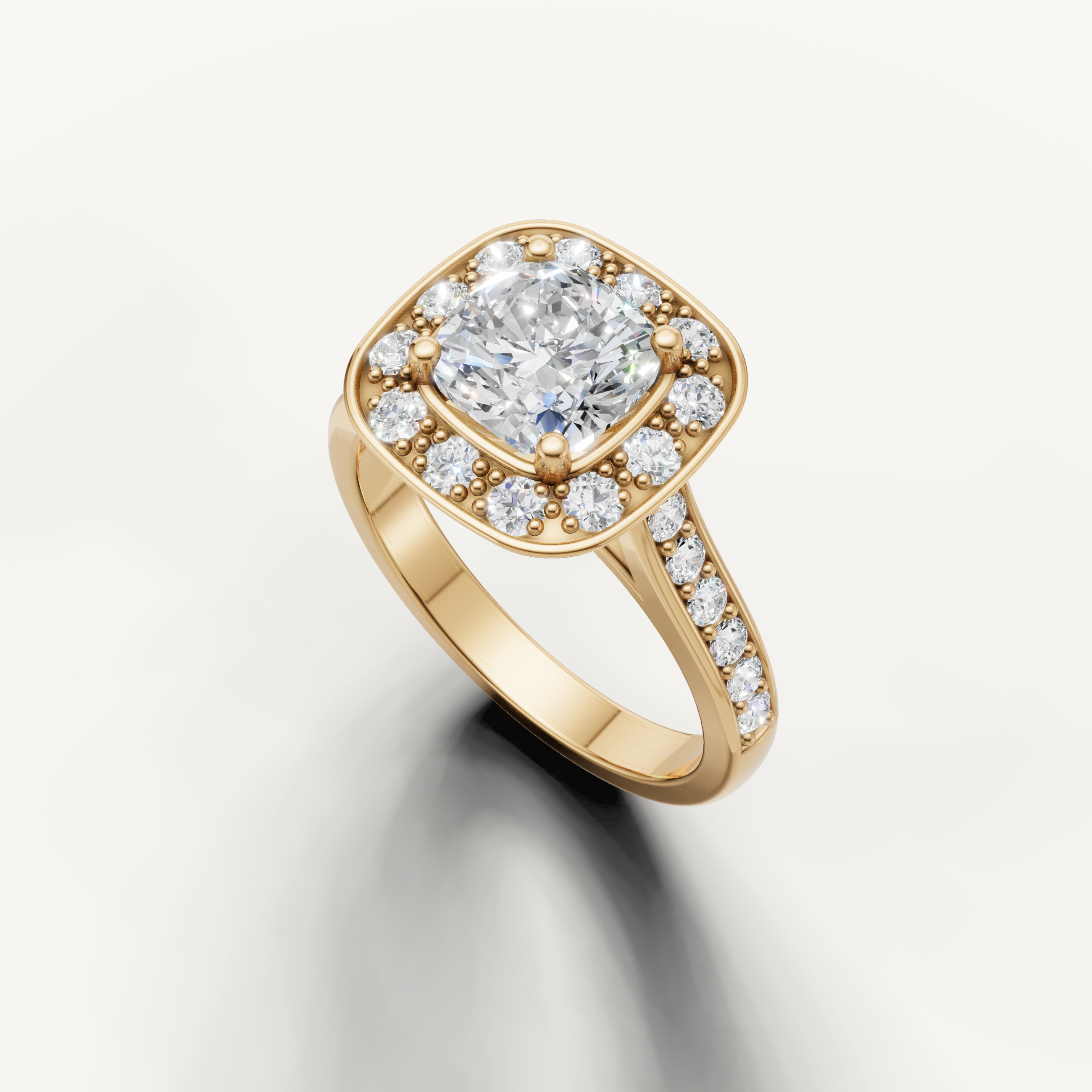 Vintage inspired yellow gold cushion cut engagement ring crafted by Raul Diamonds.