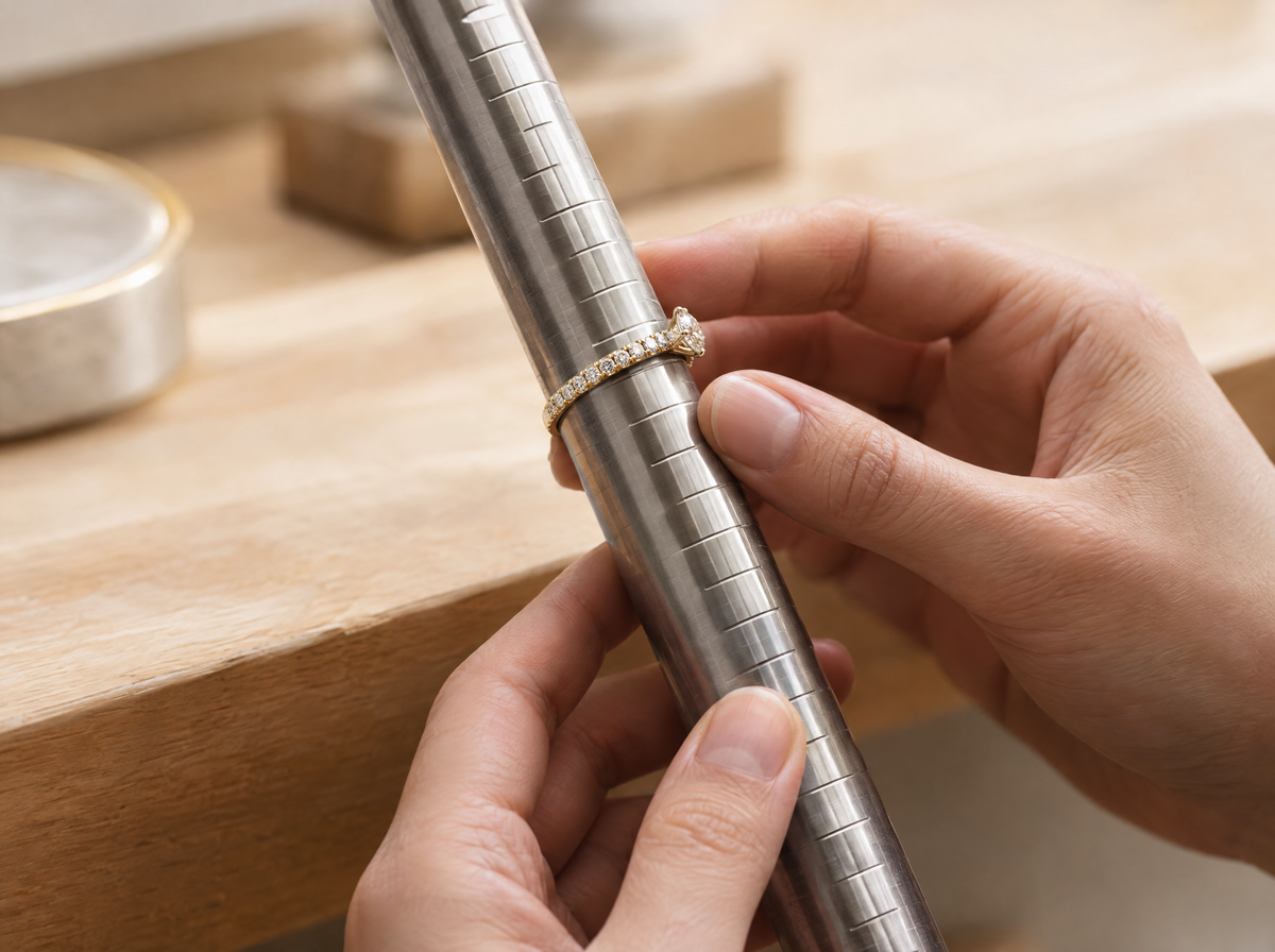 Jeweler placing a diamond ring on a ring mandrel