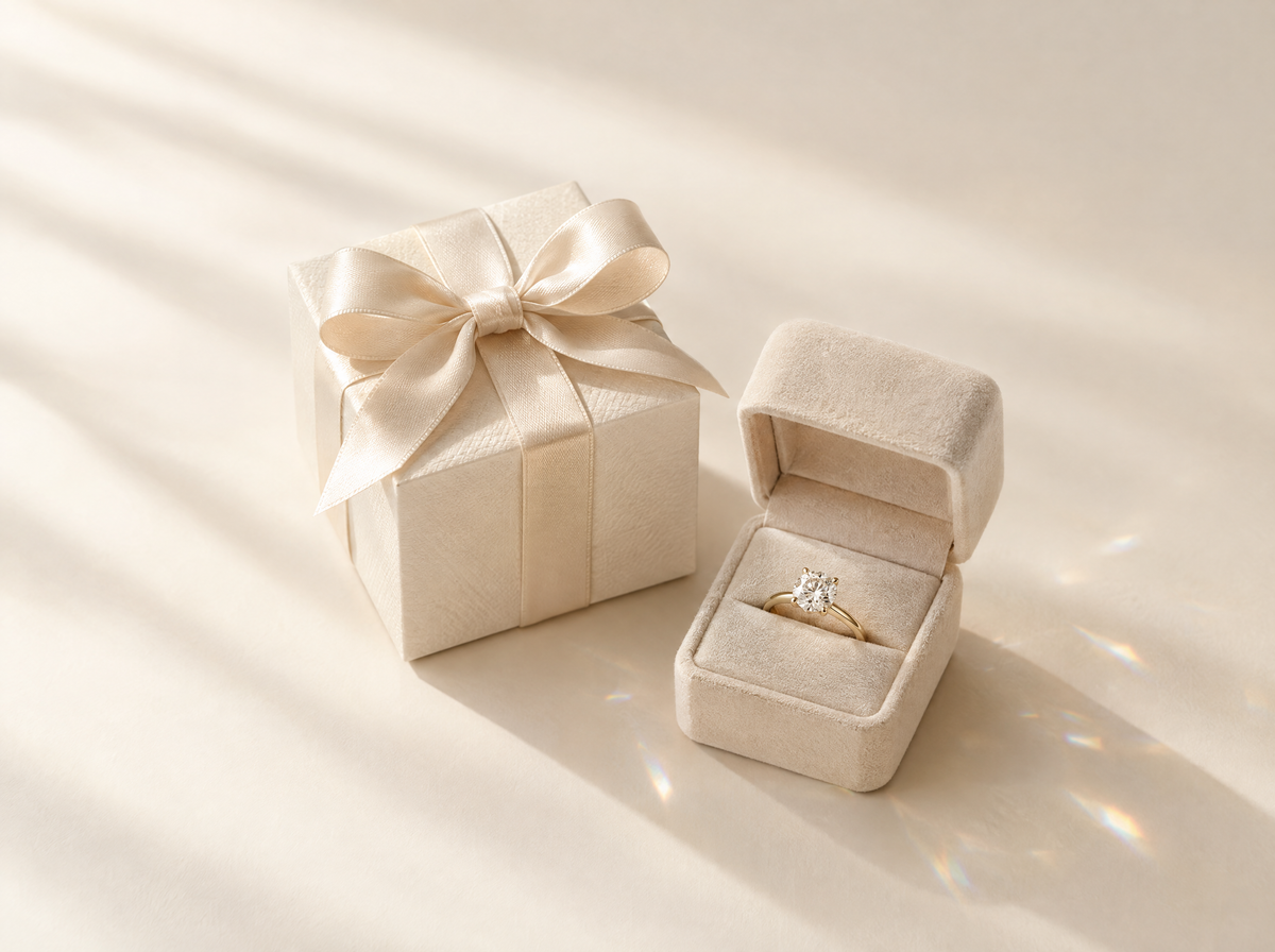 Cream gift box with a ribbon beside an open ring box