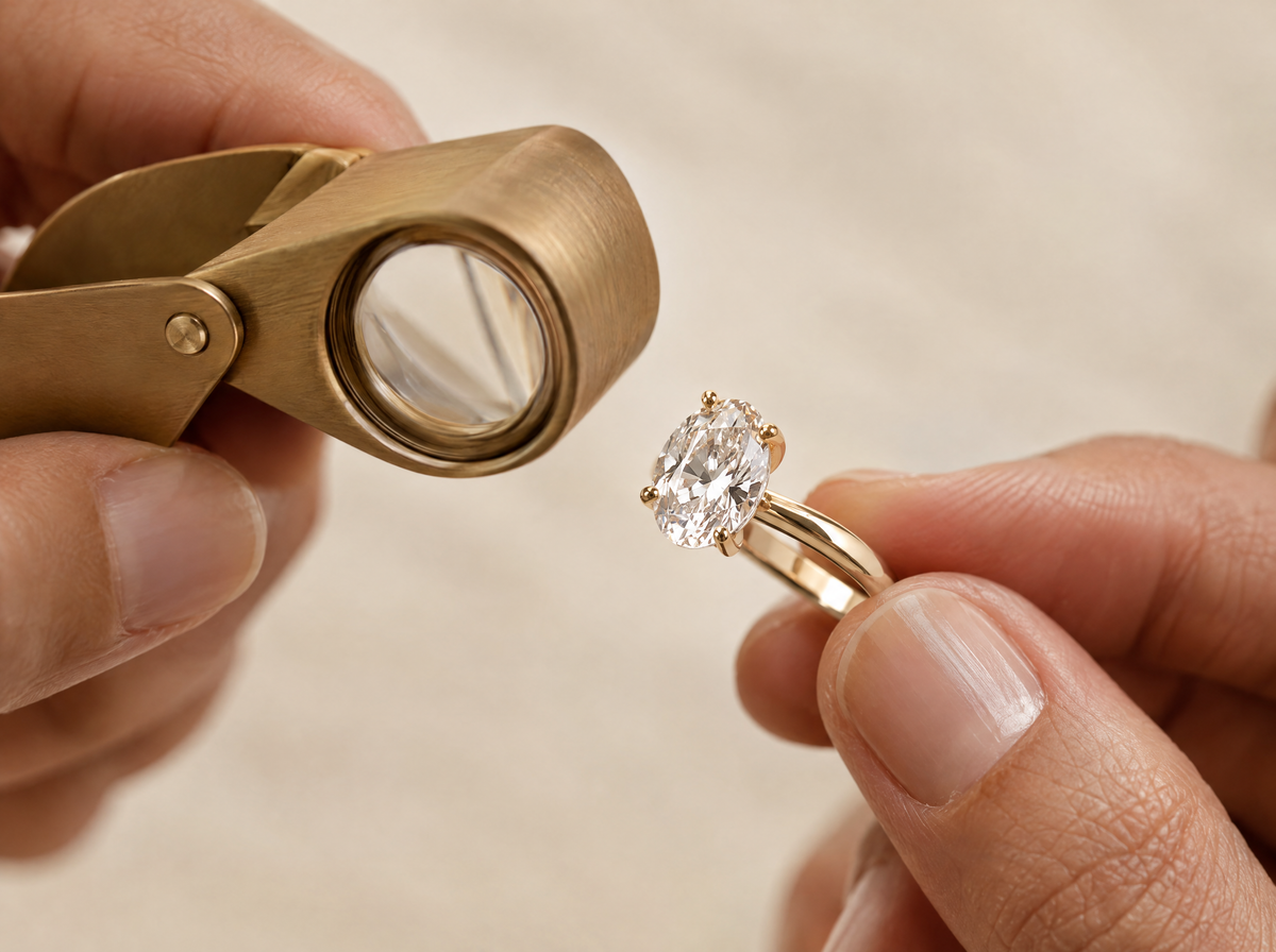 Jeweler inspecting the prongs of an oval engagement ring with a loupe