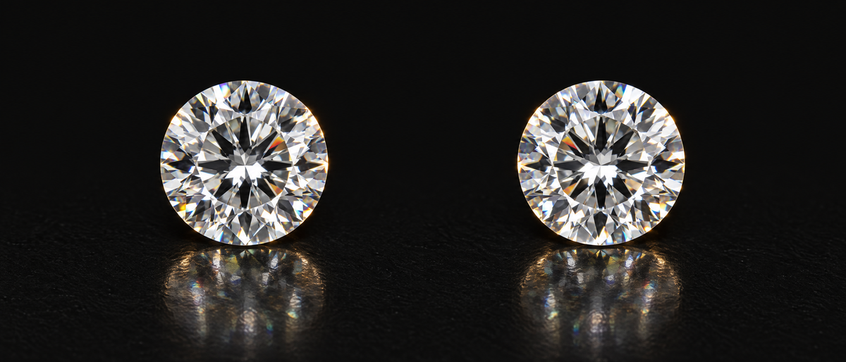 Two identical round brilliant cut diamonds side by side on black
