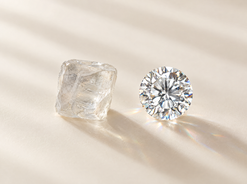 Rough crystal beside a polished diamond