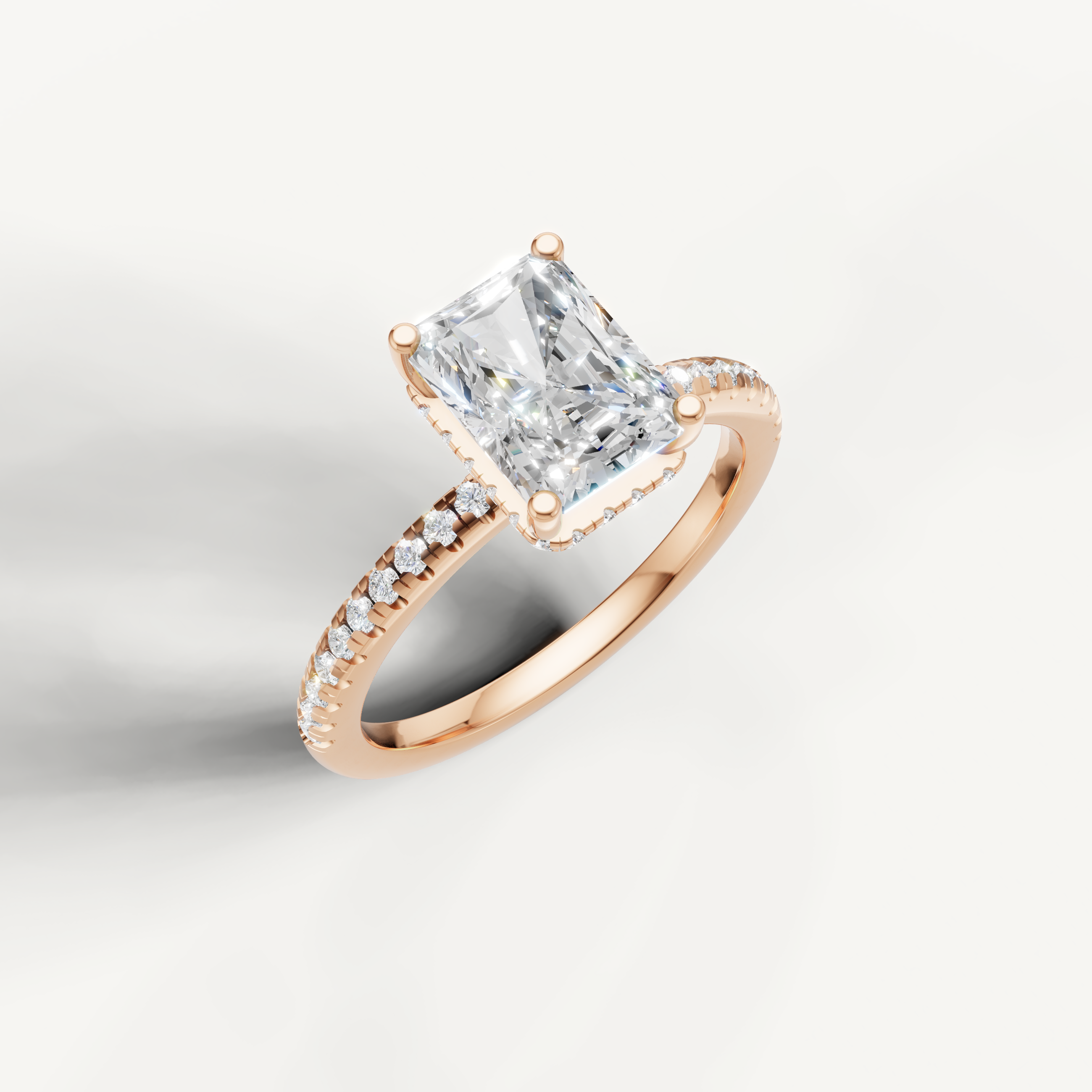 IGI certified radiant cut lab diamond solitaire ring with delicate pavé shank rose gold