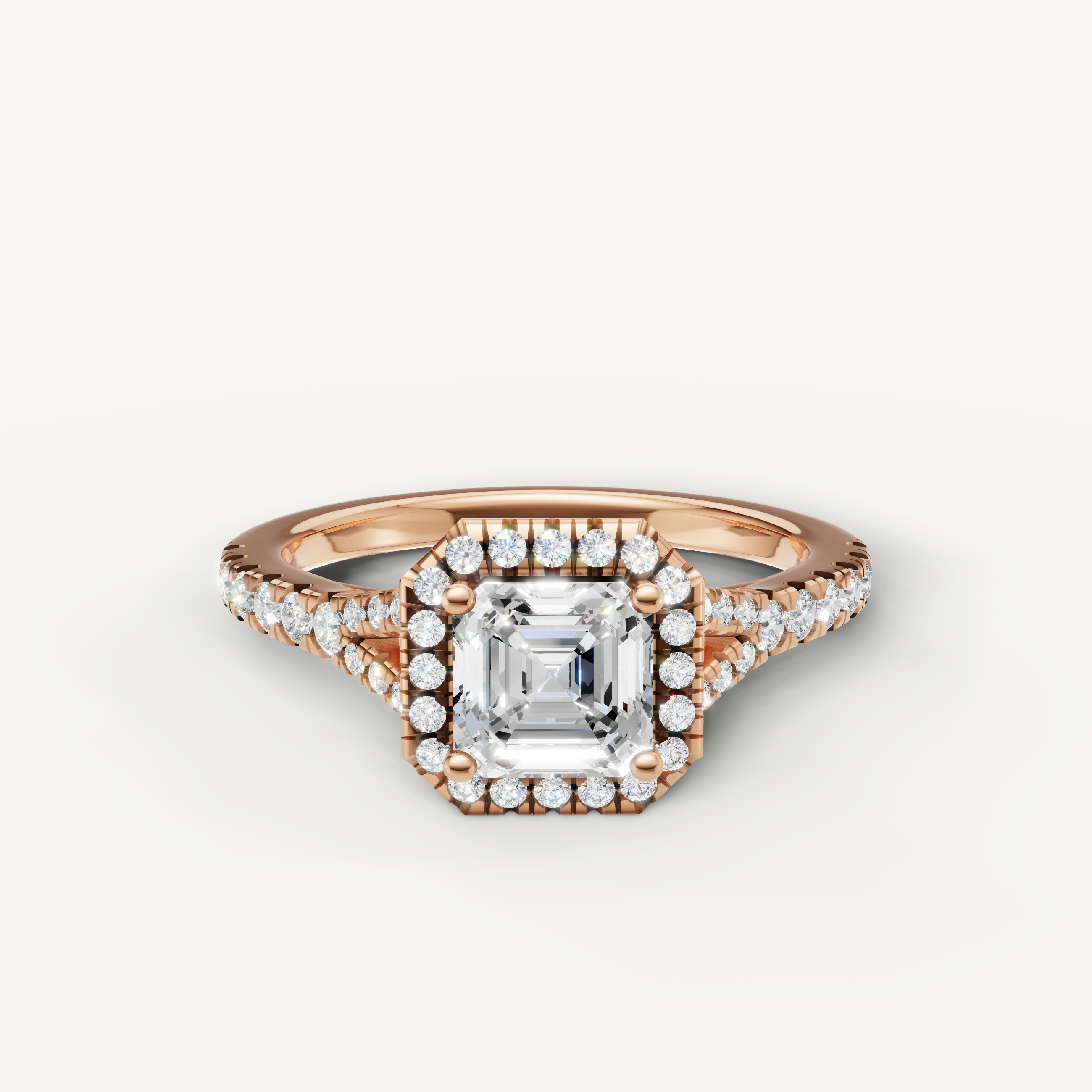 Asscher cut halo pavé lab grown diamond engagement ring in 14K rose gold