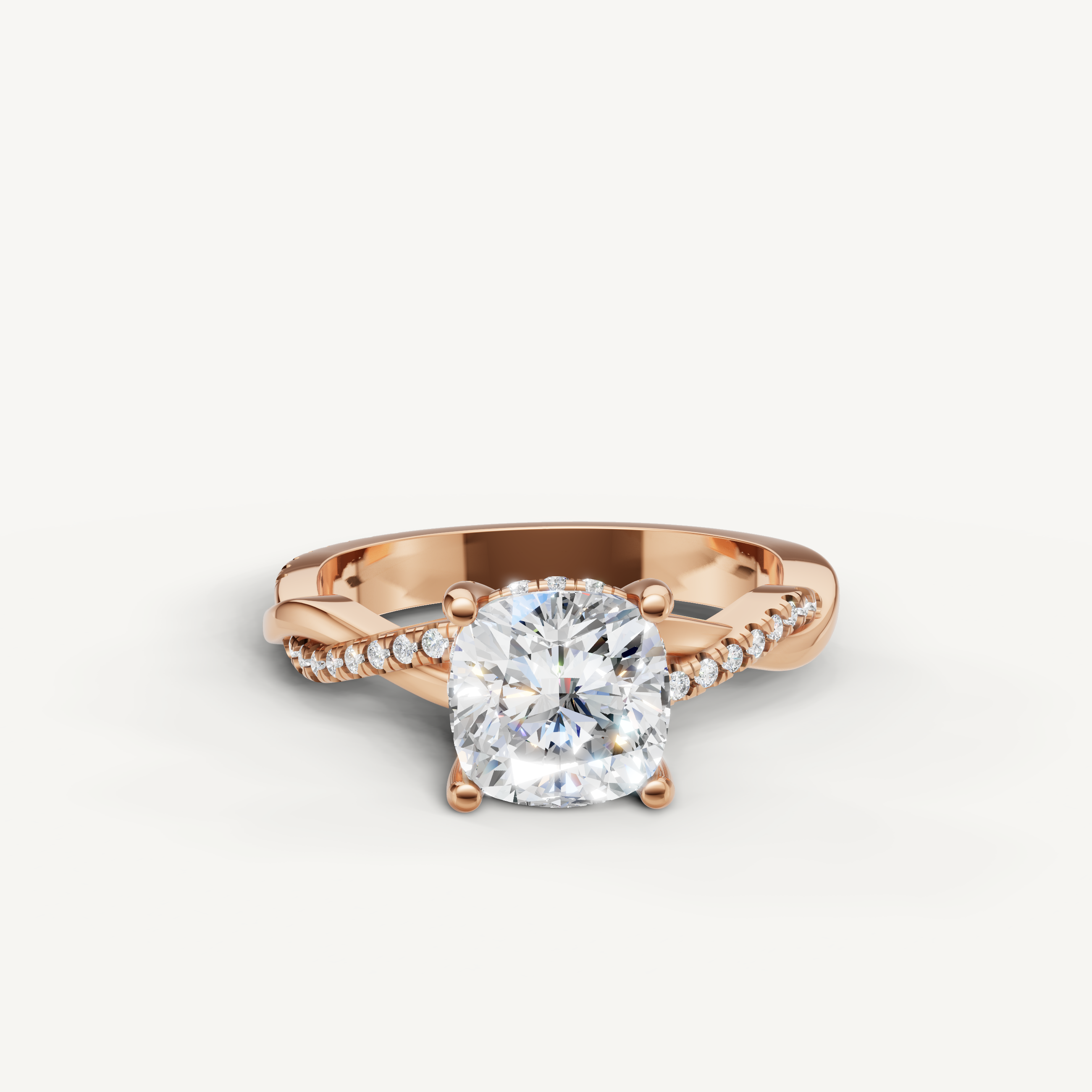 cushion cut lab grown diamond bypass engagement ring in 14k rose gold with pavé diamond split shank