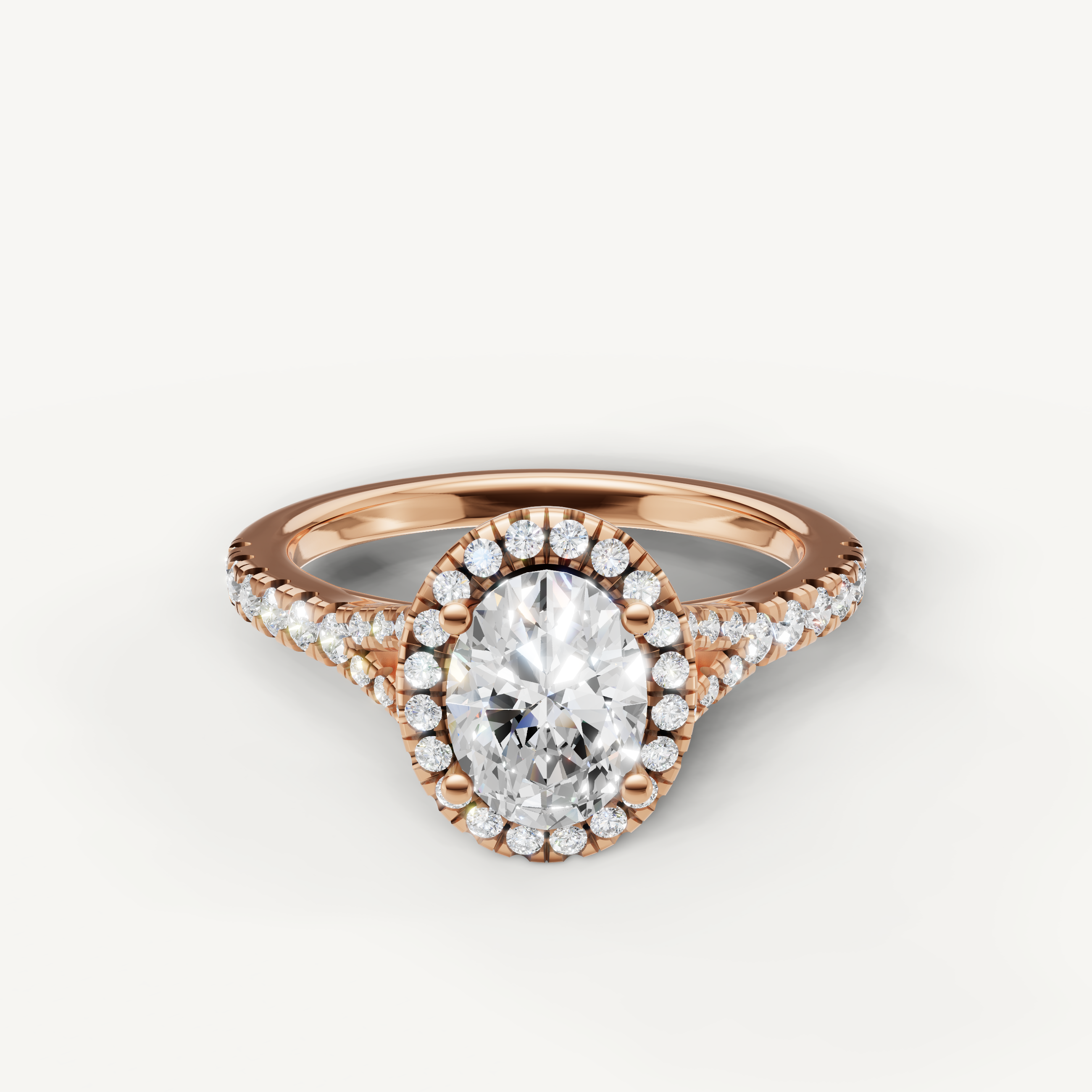Oval cut halo pavé lab grown diamond engagement ring in 14K rose gold
