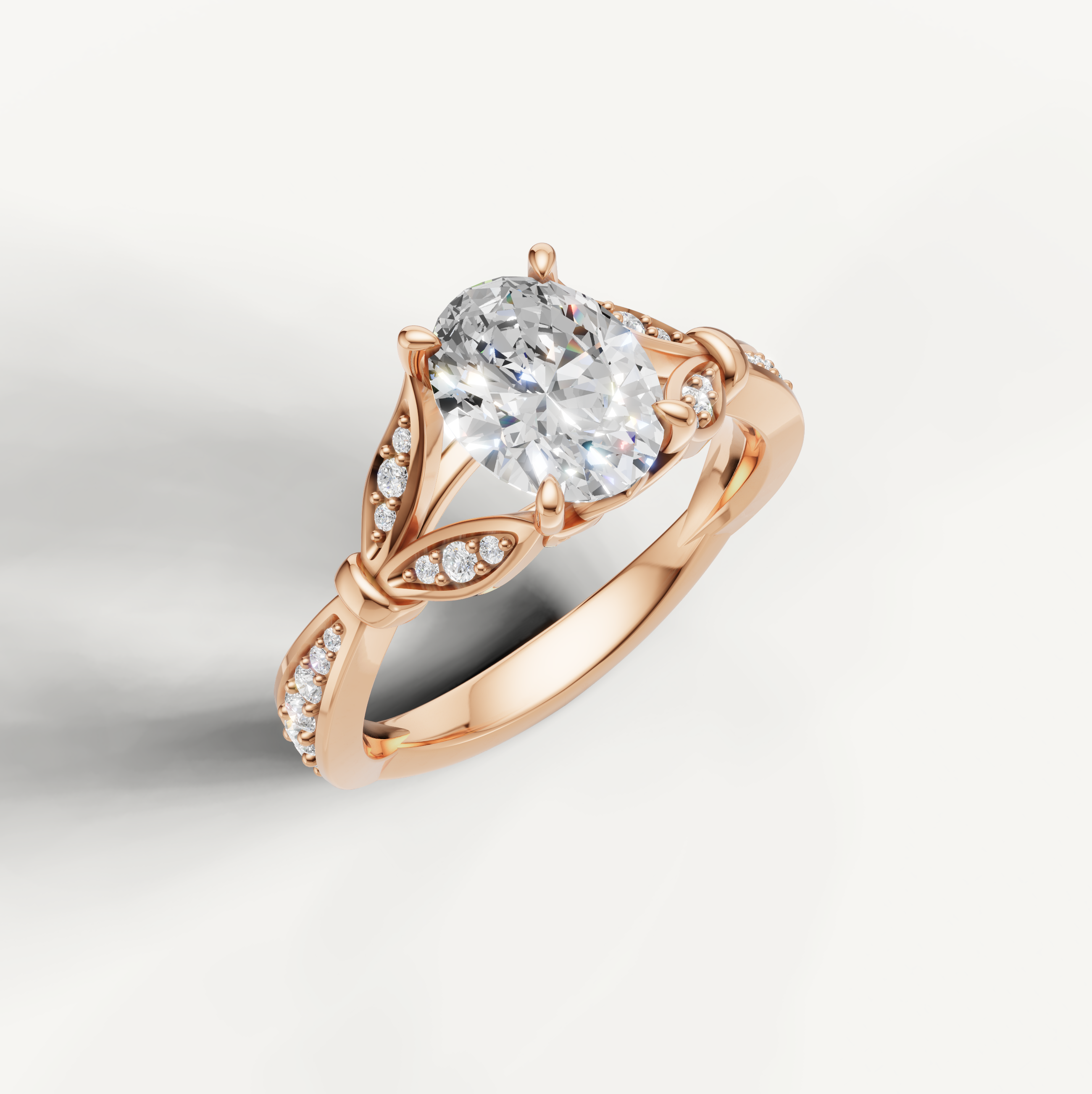 Rose gold oval cut lab grown diamond ring with romantic vintage inspired accents by Raul Diamonds