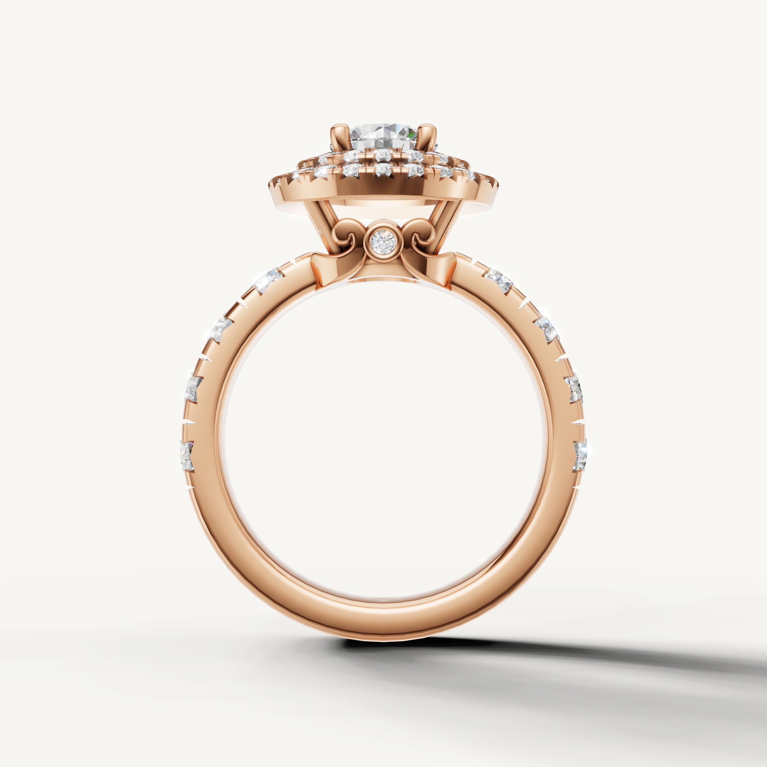 White gold round diamond halo engagement ring with luxury pavé setting