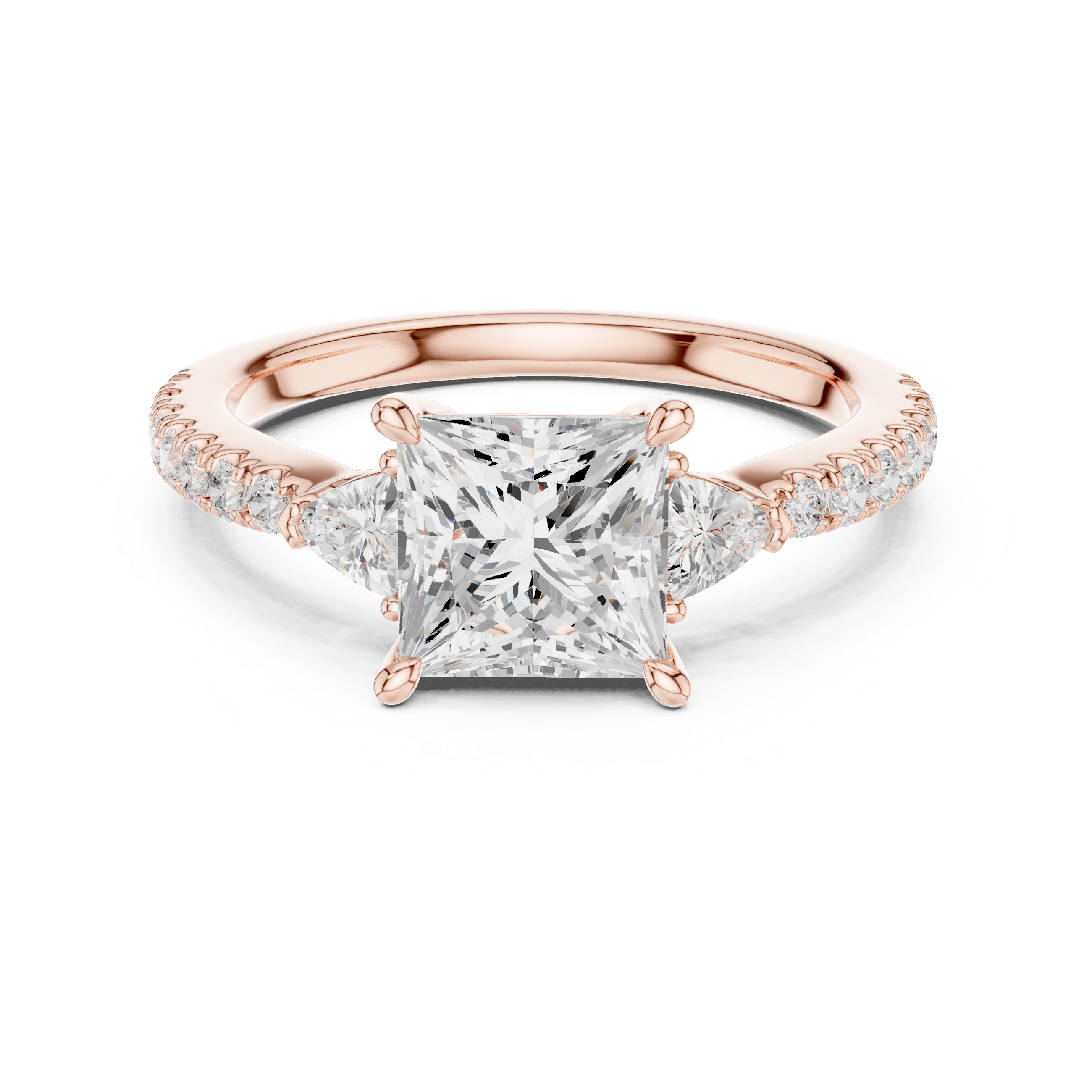 Elegant princess cut lab diamond engagement ring with trillion stones