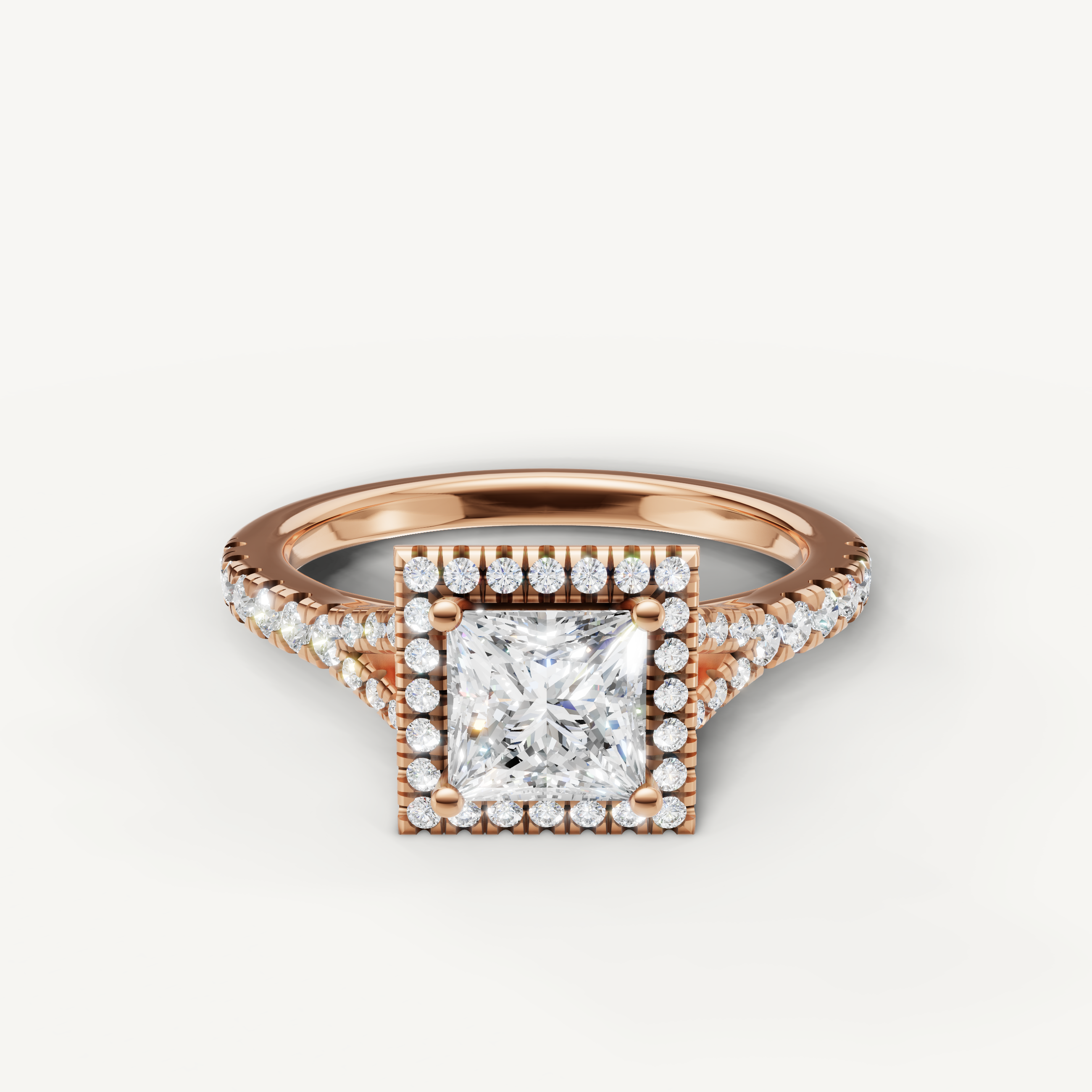Princess cut halo pavé lab grown diamond engagement ring in 14K rose gold