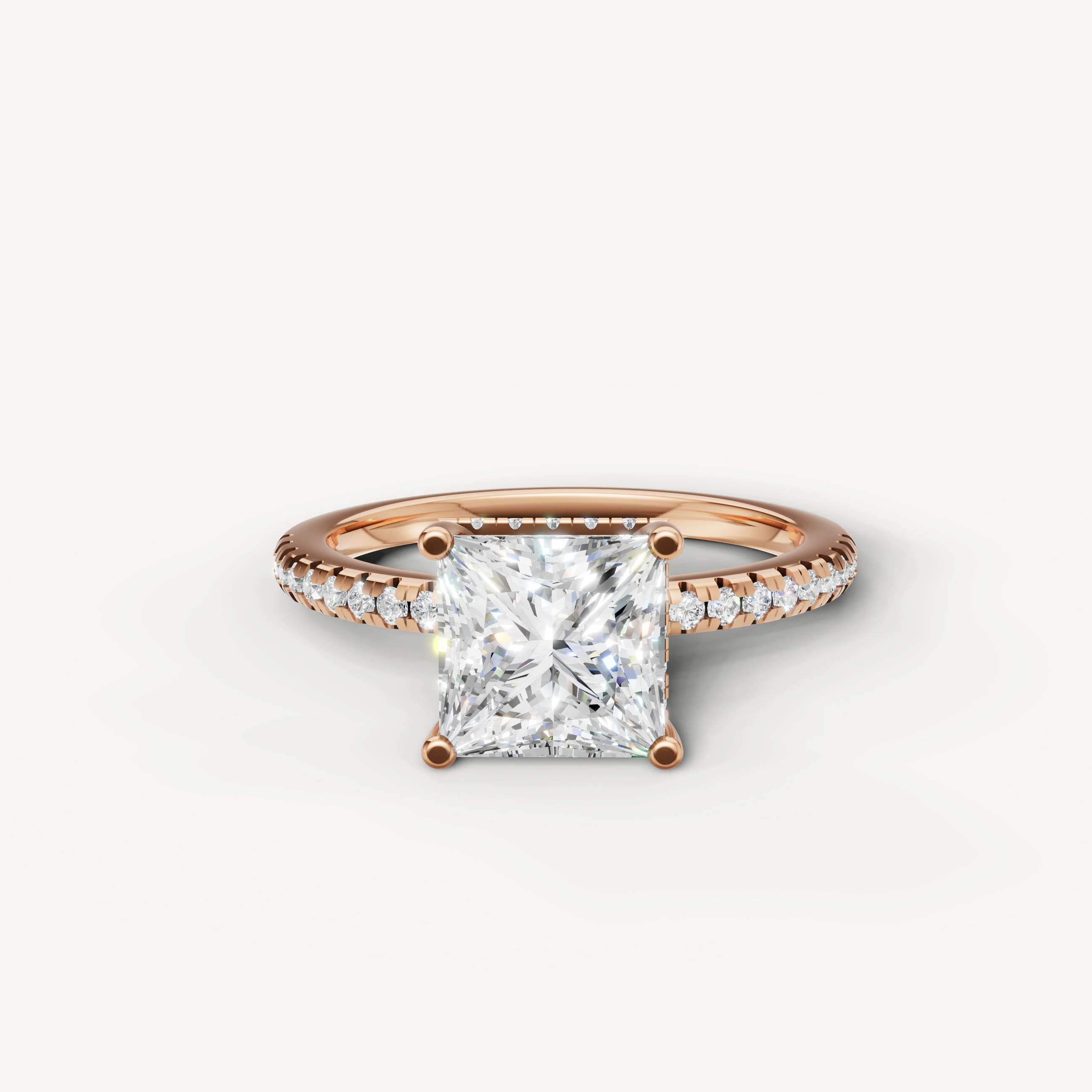 princess cut lab grown diamond engagement ring with pavé band in 14k rose gold