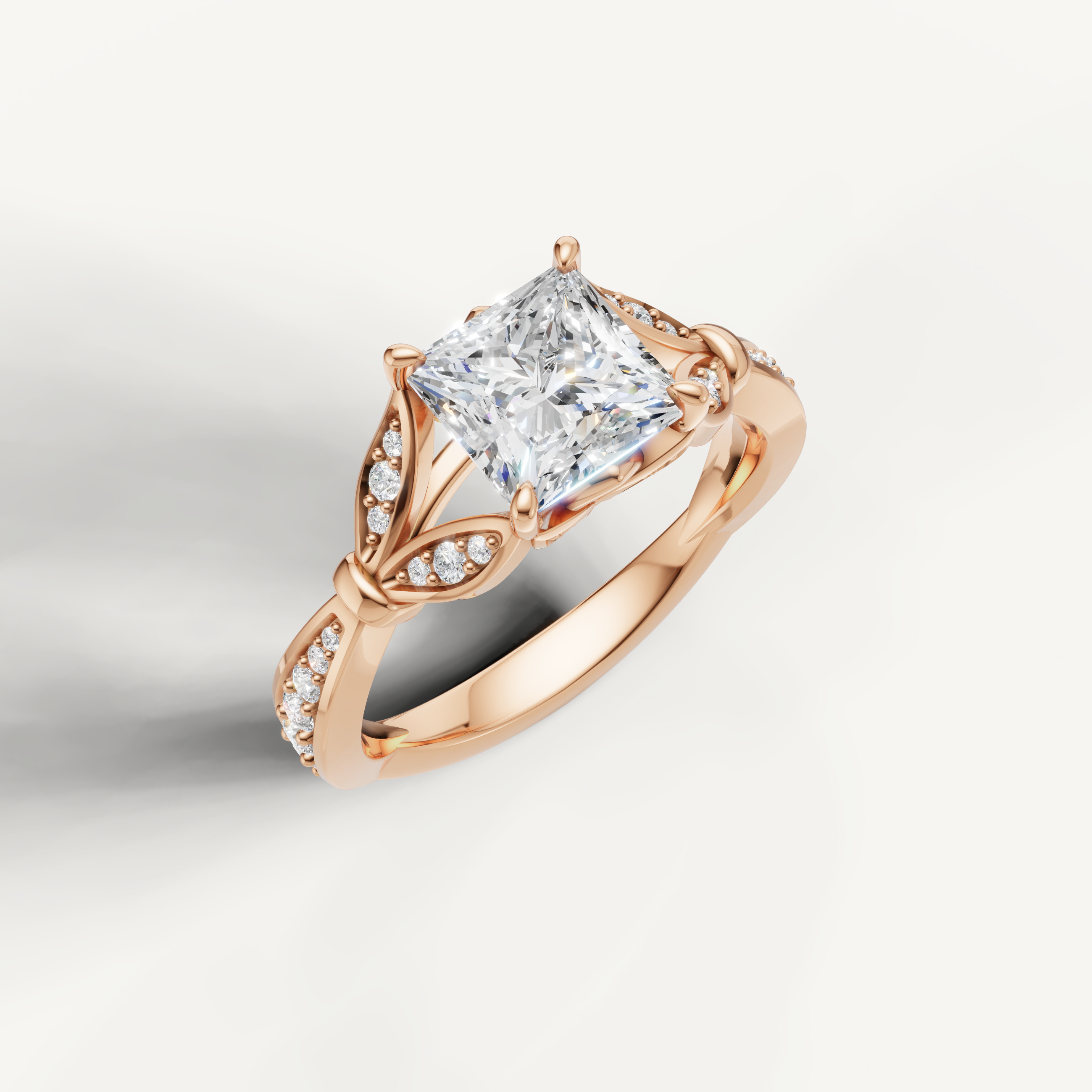 Rose gold princess cut lab grown diamond ring with romantic vintage inspired accents by Raul Diamonds