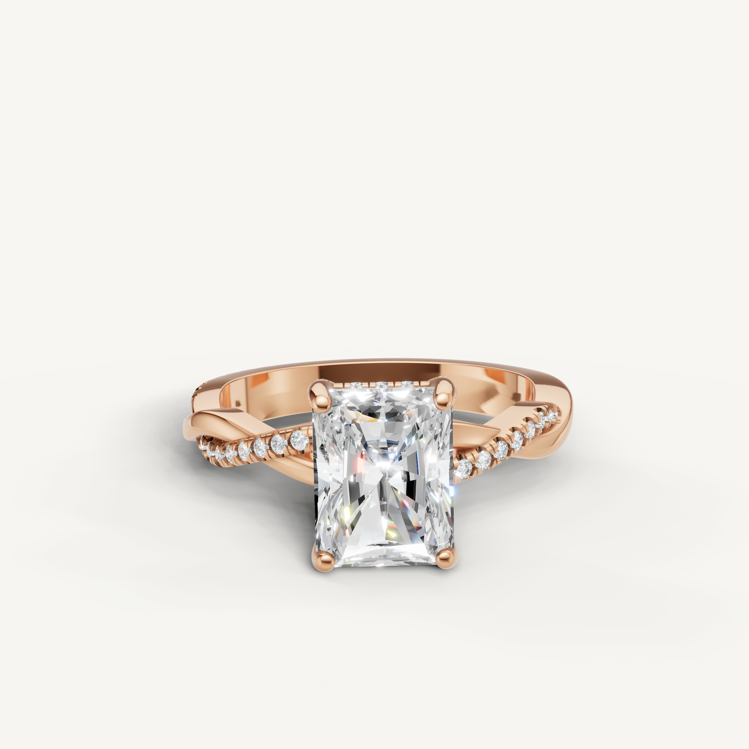 radiant cut lab grown diamond bypass engagement ring in 14k rose gold with pavé diamond crossover band