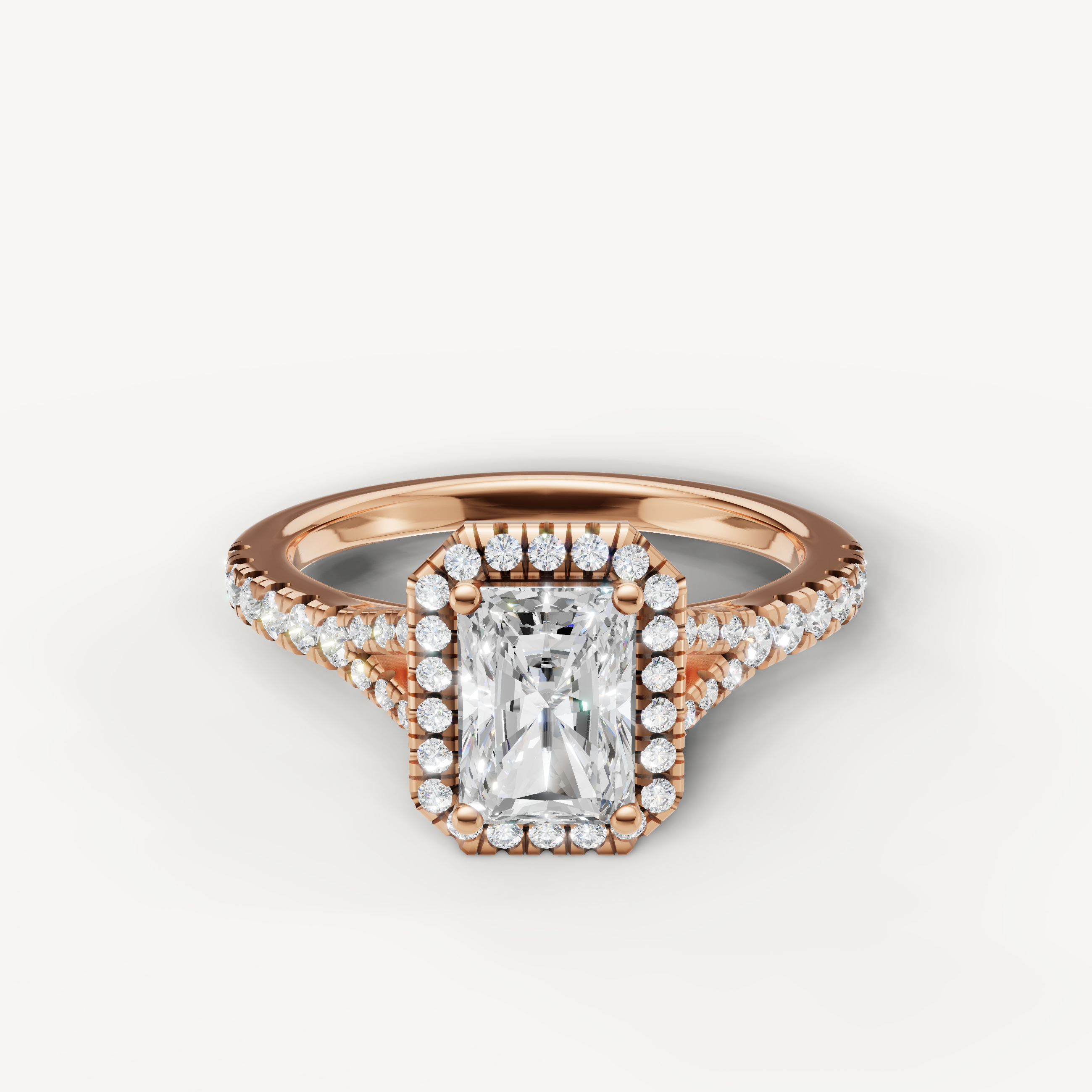 Radiant cut halo pavé lab grown diamond engagement ring in 14K rose gold