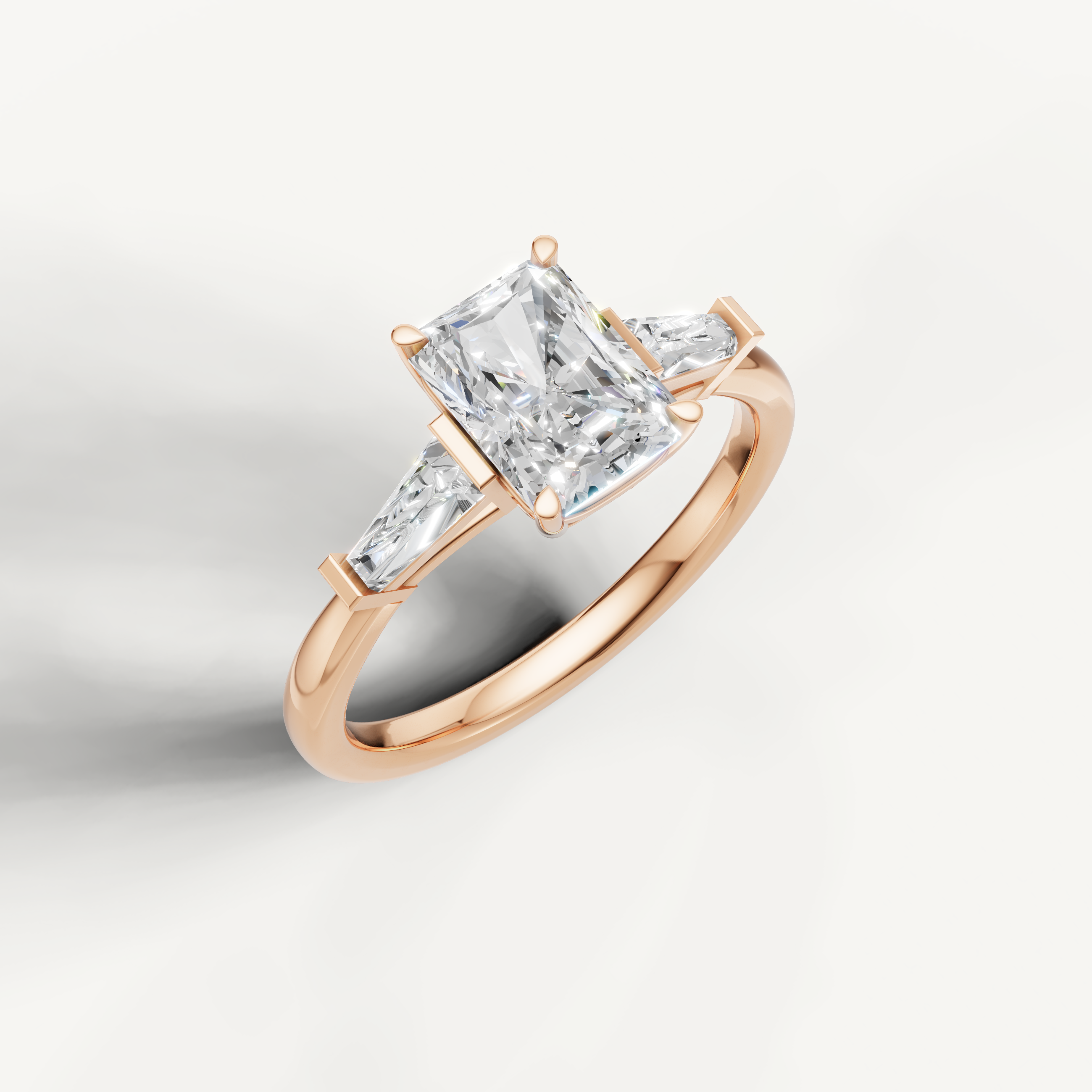 IGI certified radiant cut lab diamond ring with baguette side accents rose gold
