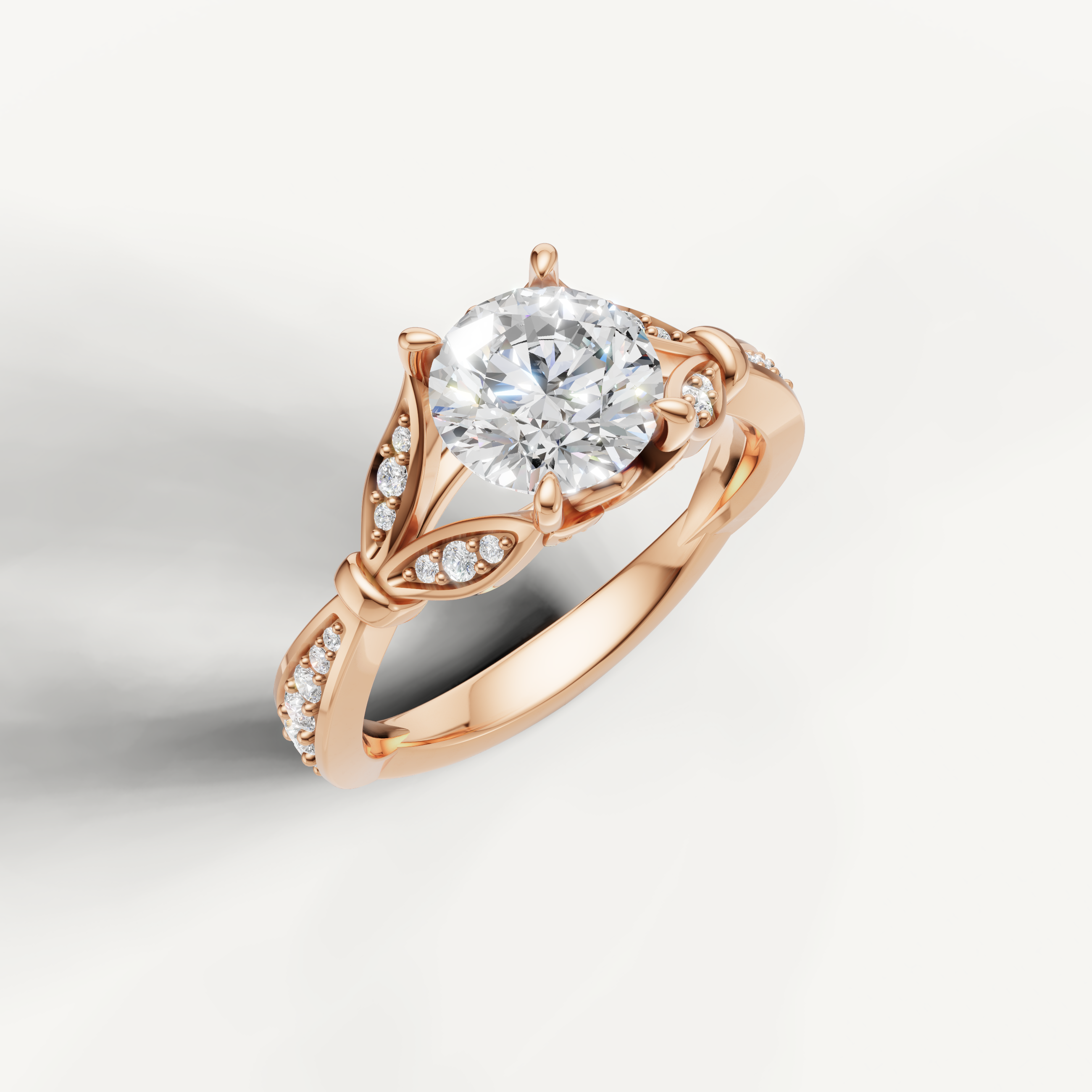 IGI certified round lab diamond ring with leaf motif pavé setting 14k rose gold