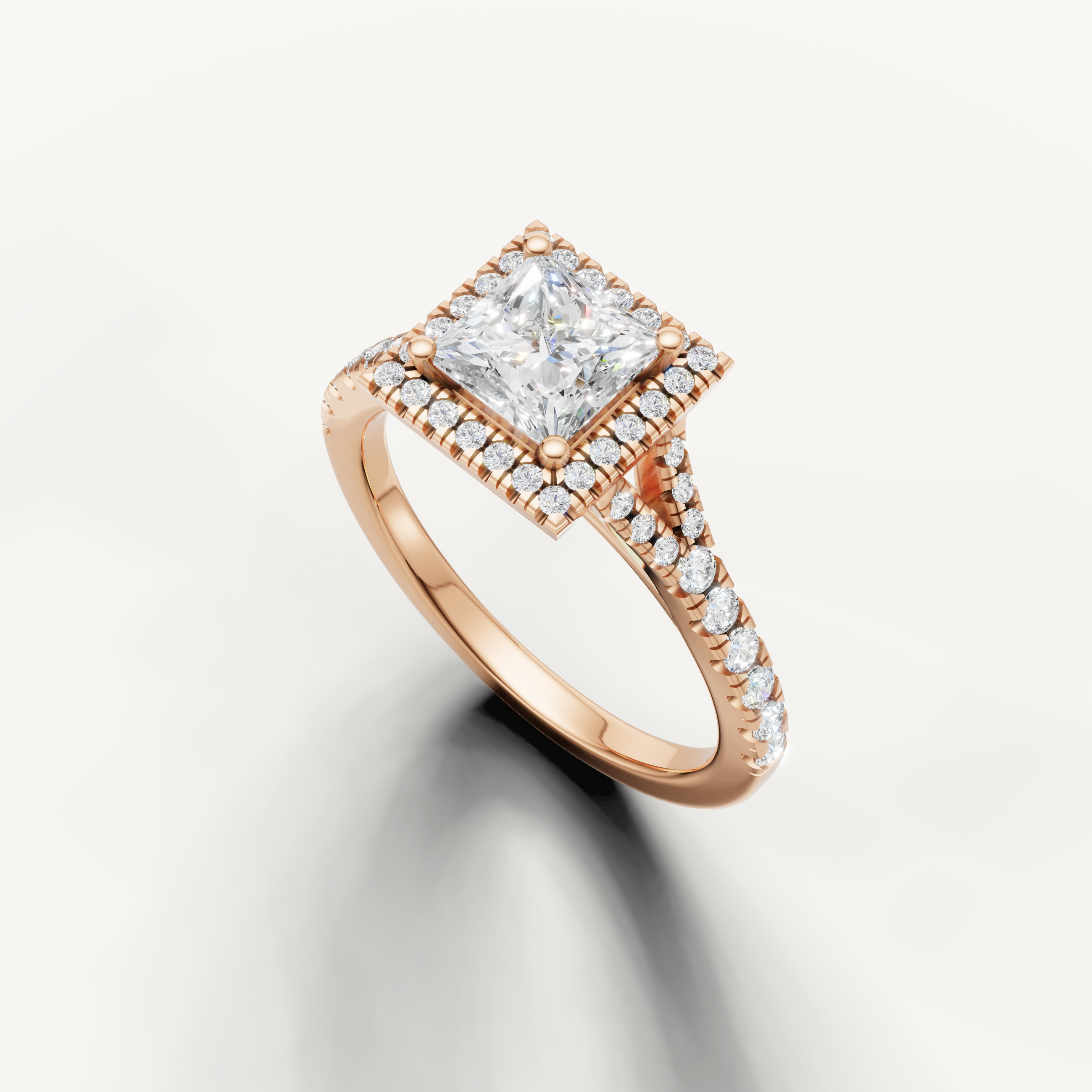 Vintage style princess diamond halo ring with pavé band rose gold