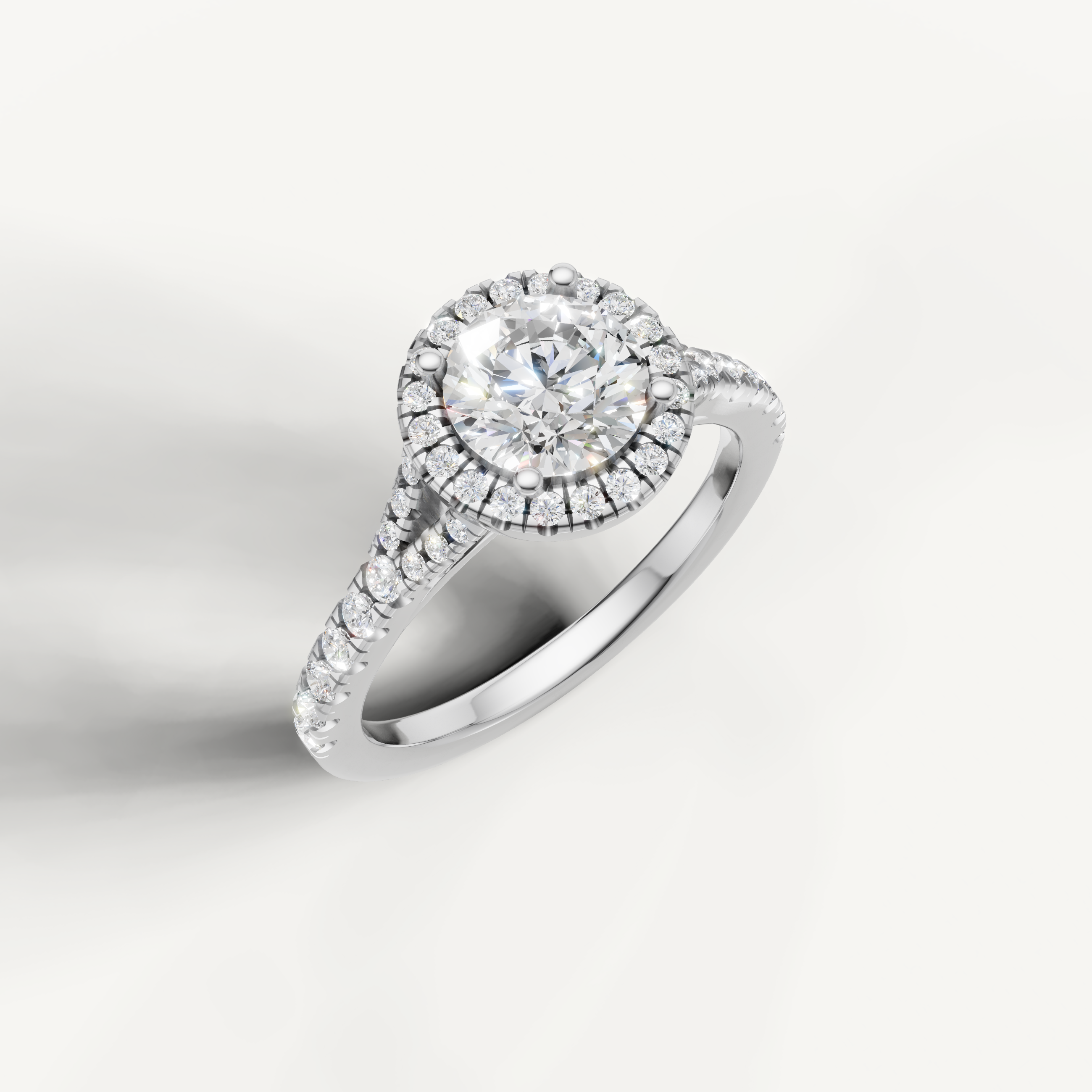 IGI certified round lab diamond halo ring with pavé band white gold DEF VVS