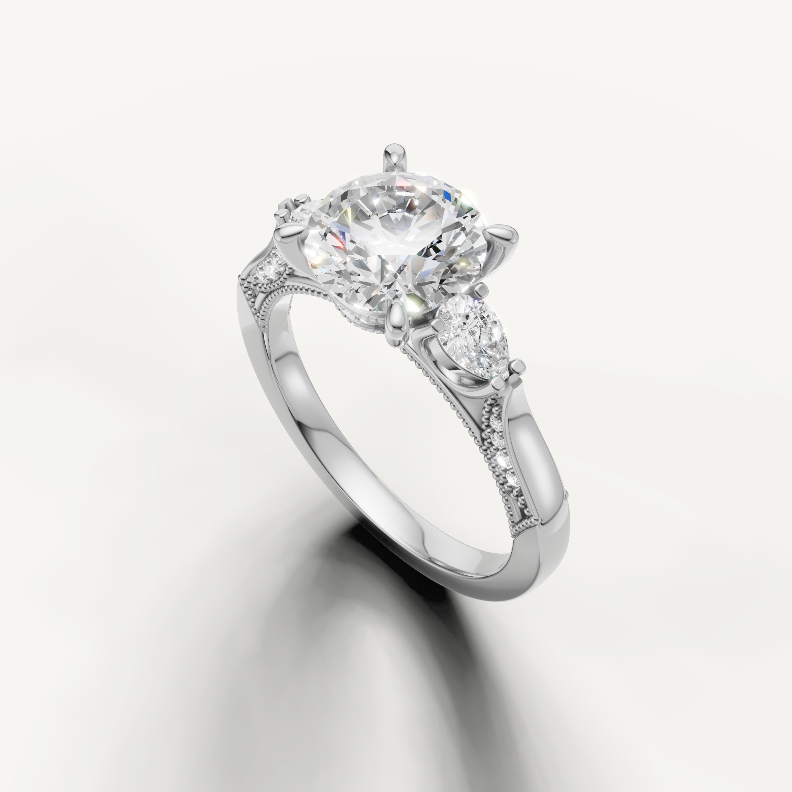 IGI certified round lab diamond ring with pear side accents white gold