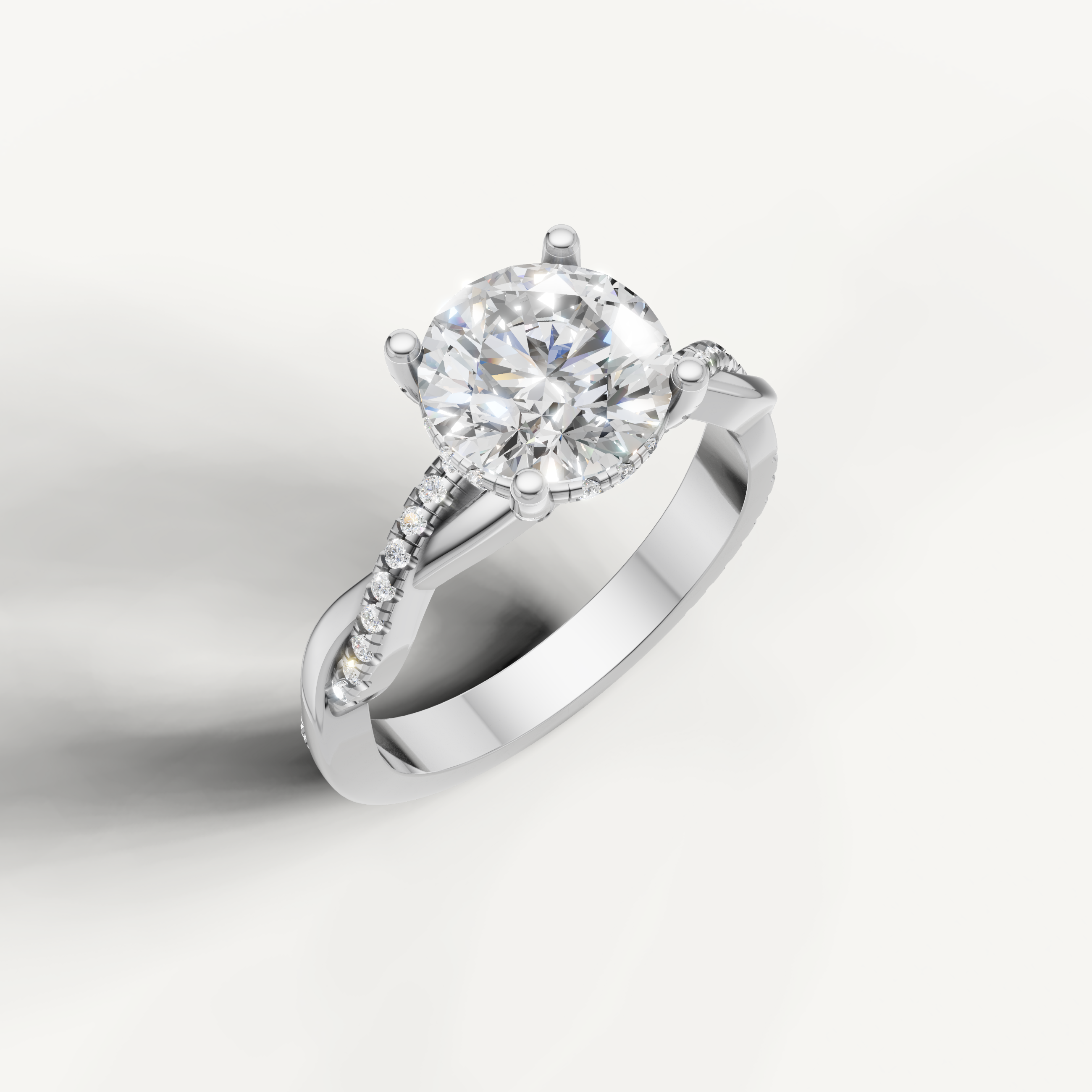sophisticated round cut lab grown diamond engagement ring in 14k white gold with twisted pavé split shank