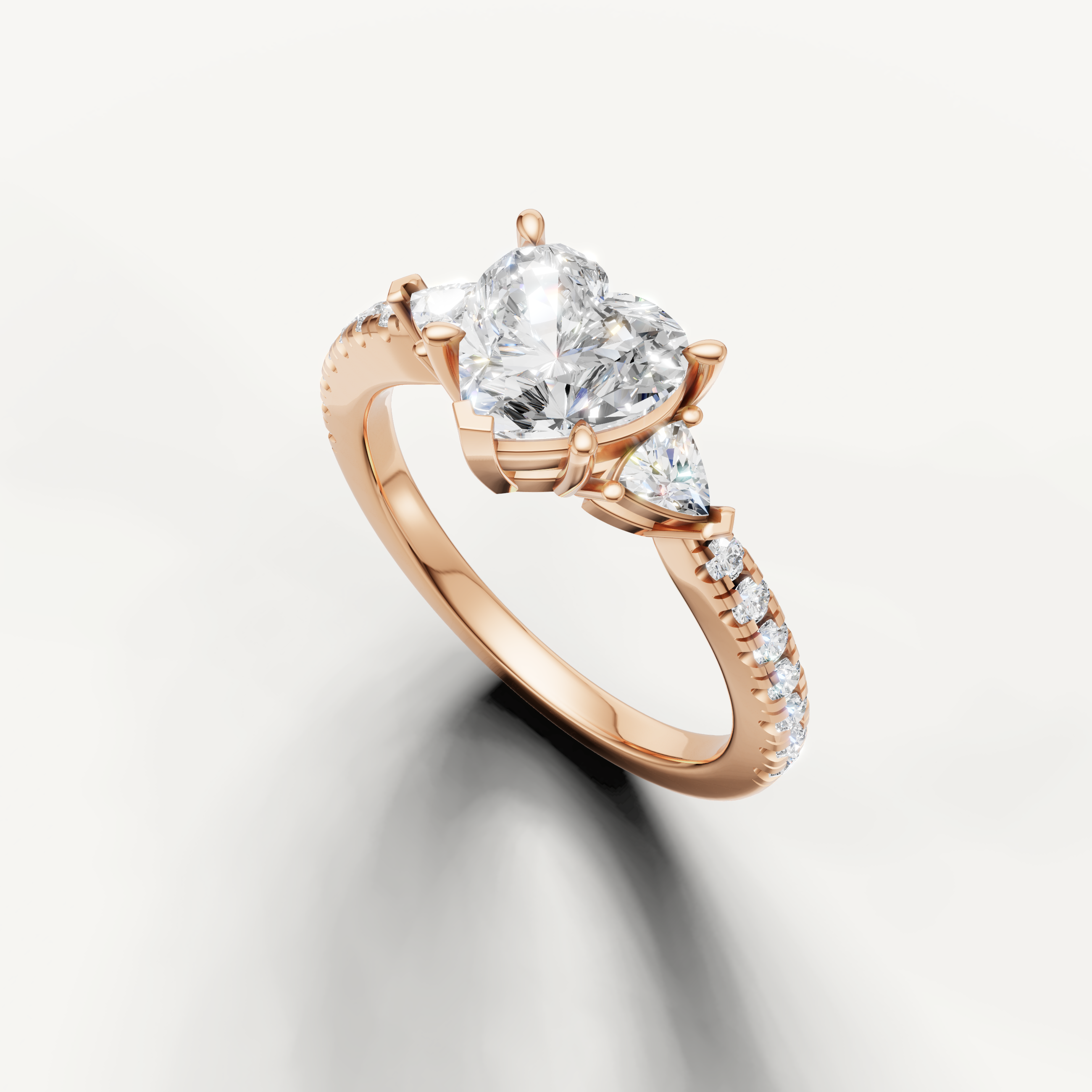 Elegant heart shape lab grown diamond ring with side stones and pavé band in 14K gold