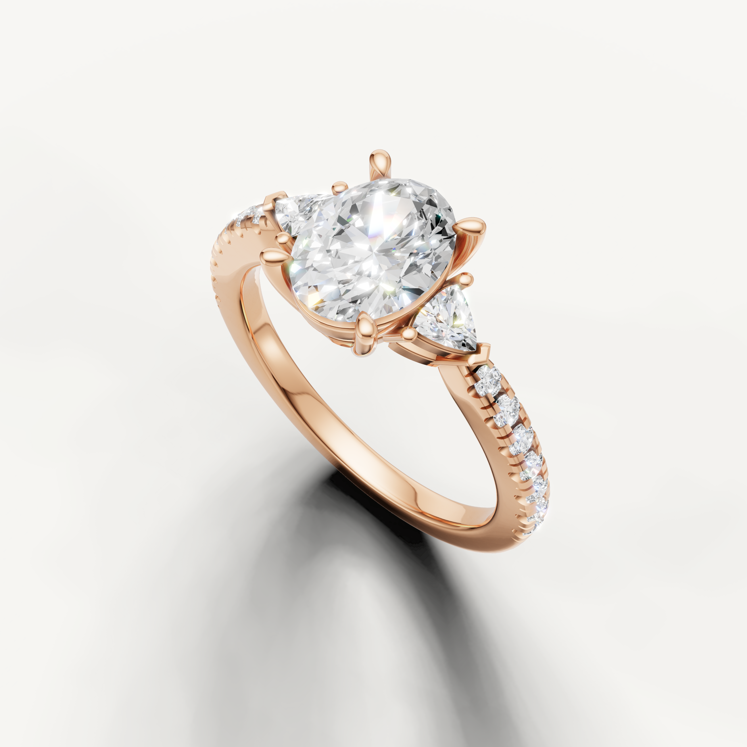 Minimalist oval shape lab grown diamond ring in rose gold with side stones