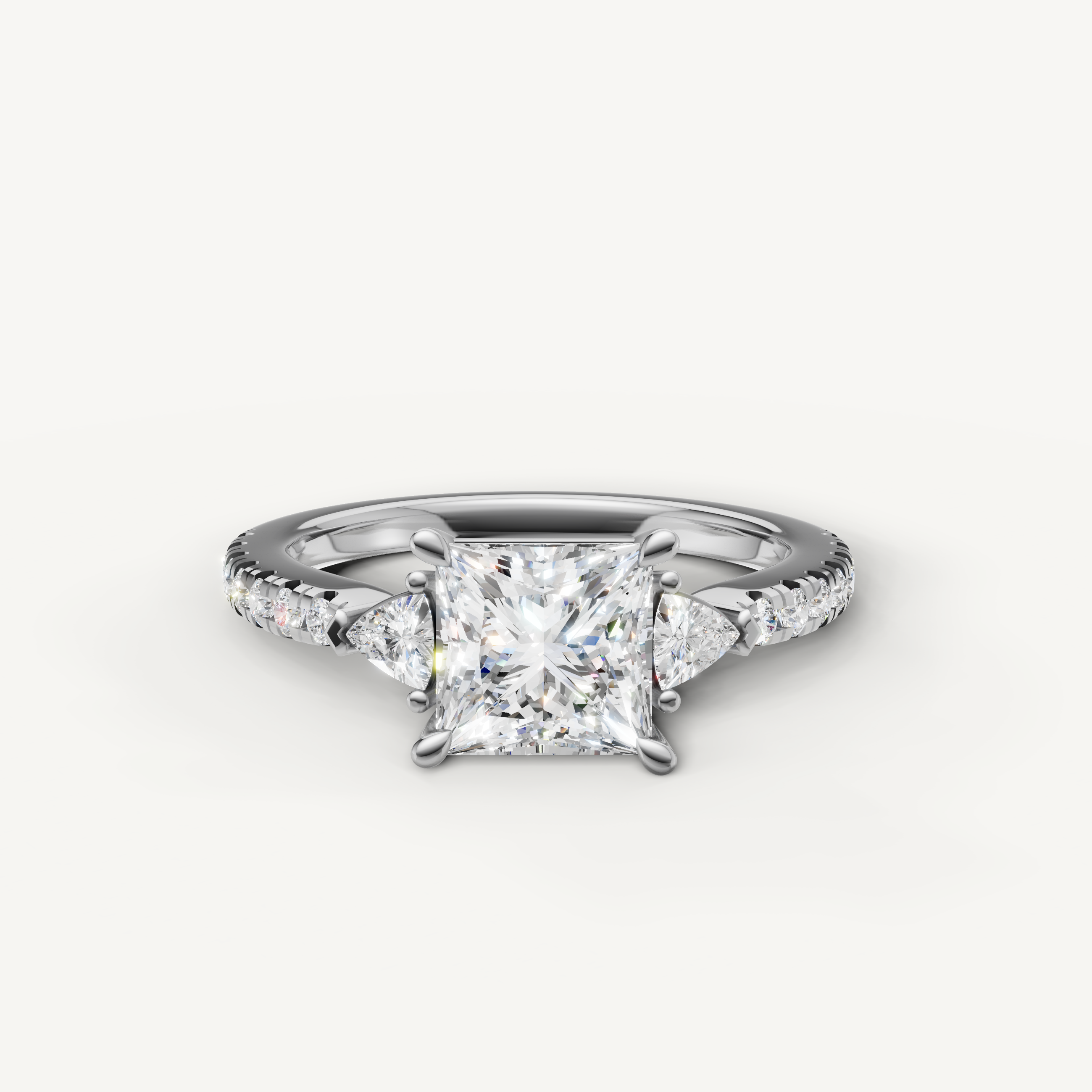 Princess cut lab grown diamond engagement ring in 14K white gold with pavé band and side stones
