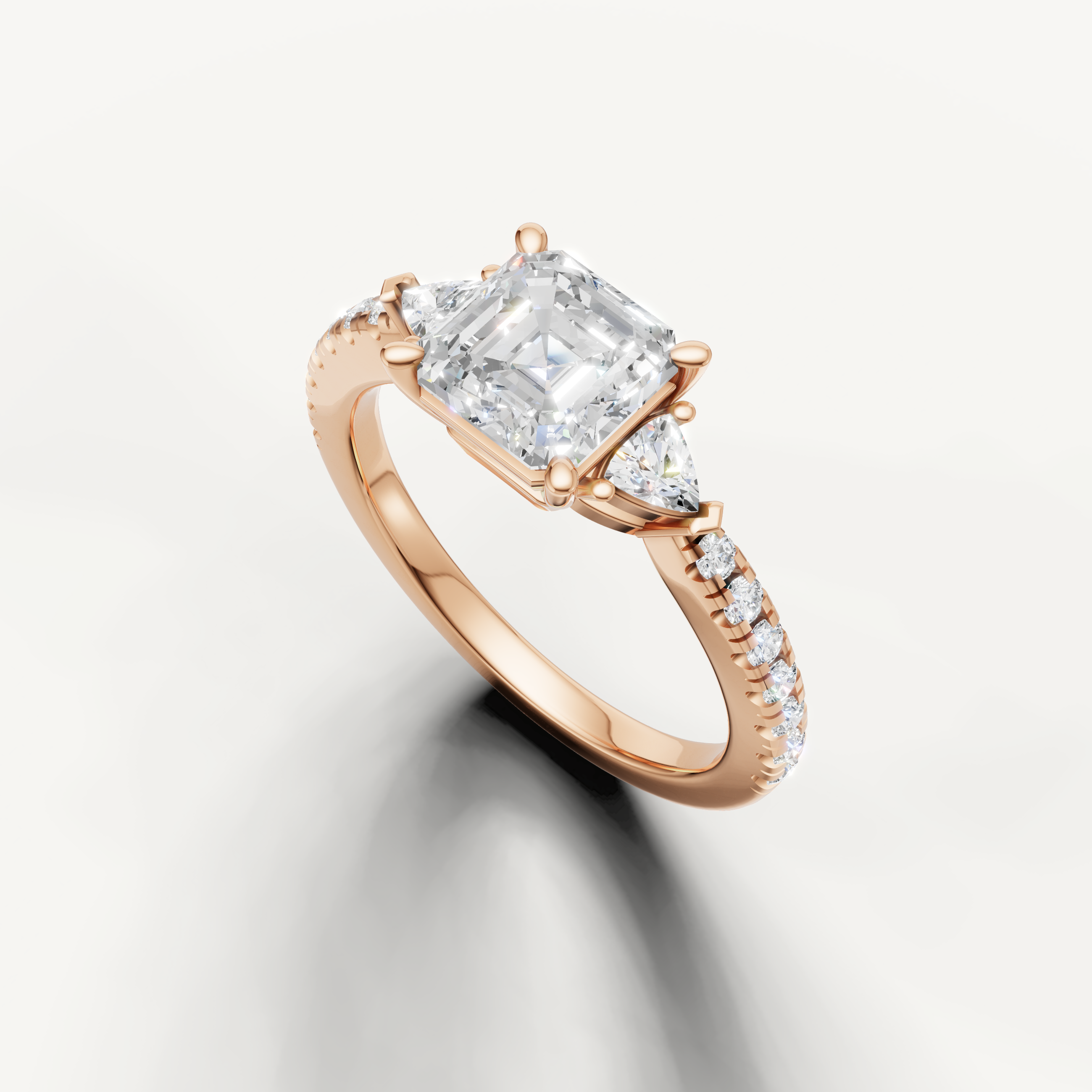 Elevated setting of Asscher cut lab grown diamond ring with secure prongs and side stones