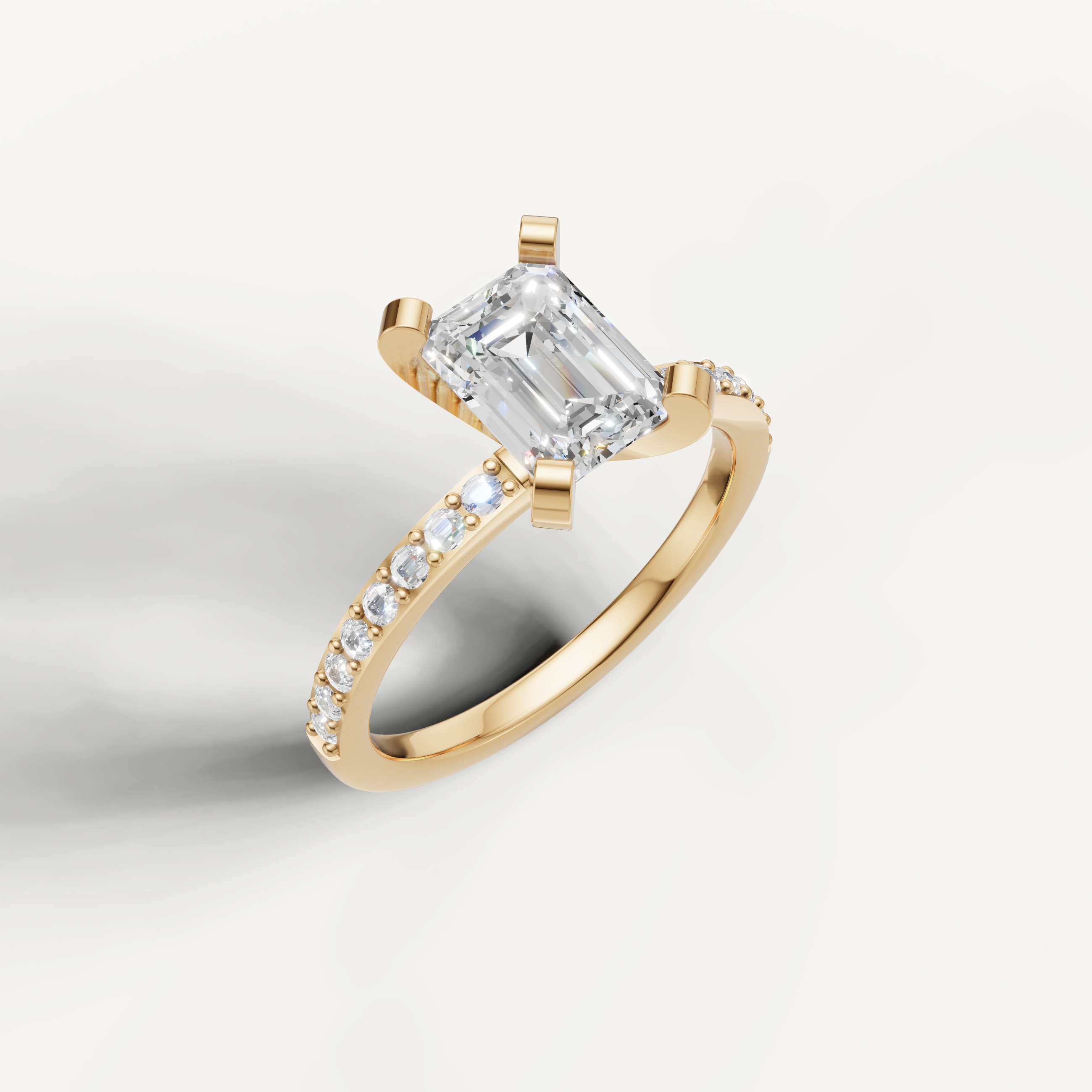 IGI certified emerald cut lab diamond ring in yellow gold pavé setting DEF VVS clarity