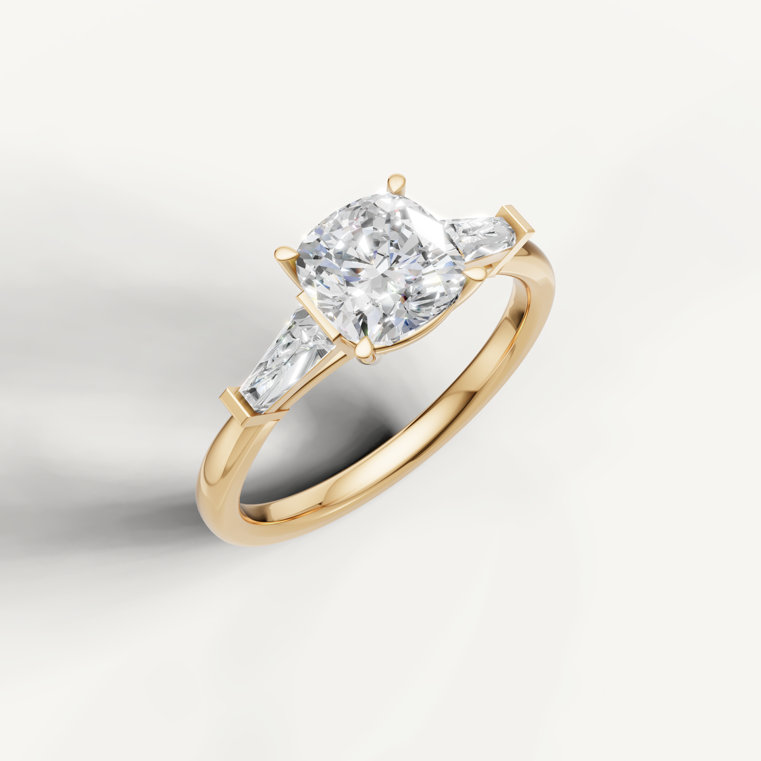 IGI certified cushion lab diamond ring with baguette side accents yellow gold