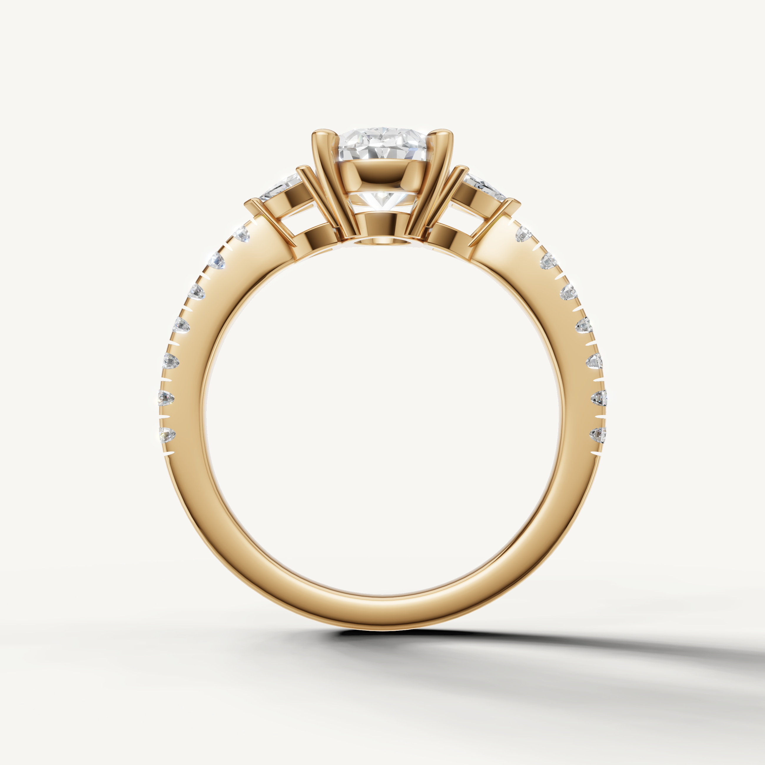 Classic oval cut lab grown diamond ring with pavé band and tapered side diamonds