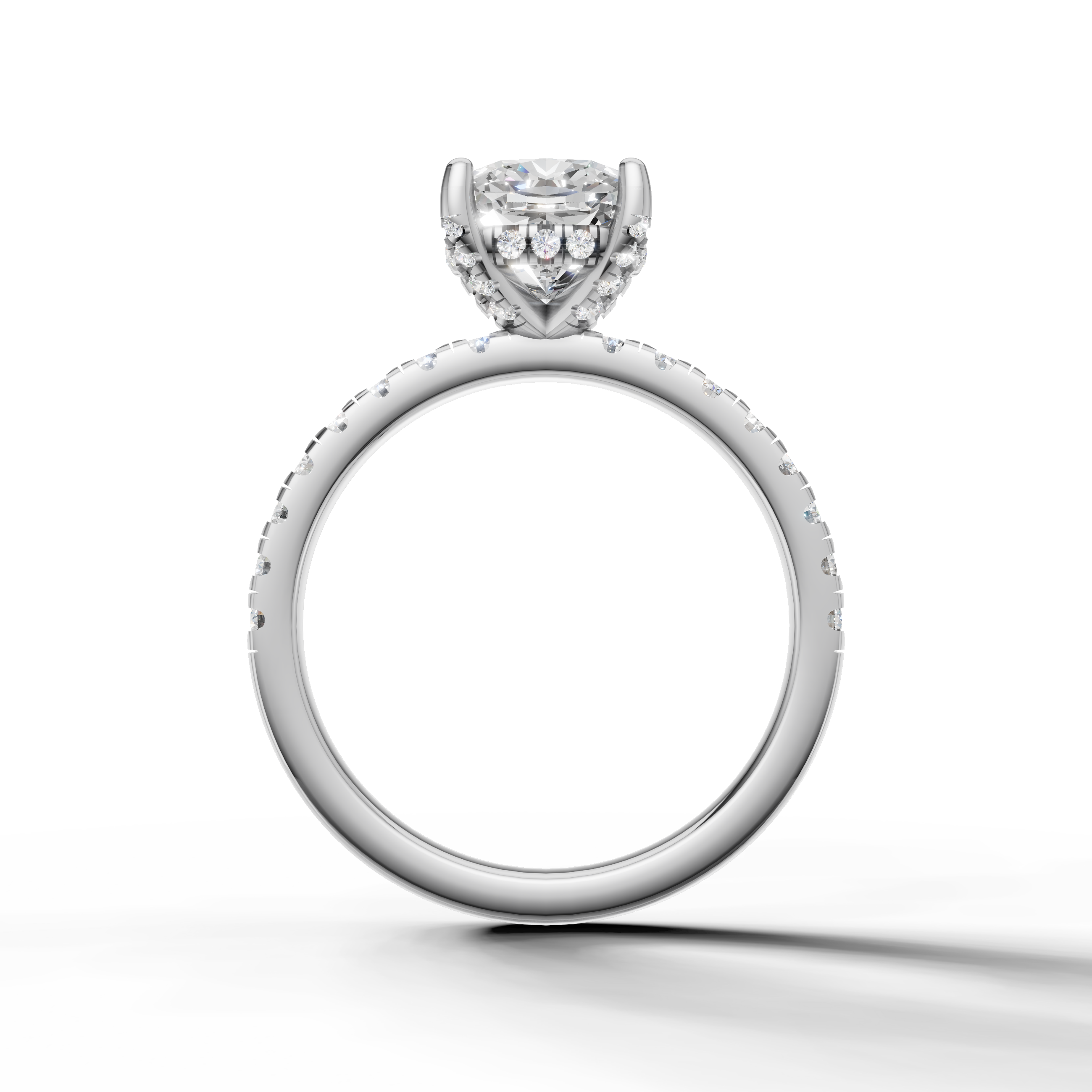 Cushion shape lab grown diamond ring with half pavé band white gold