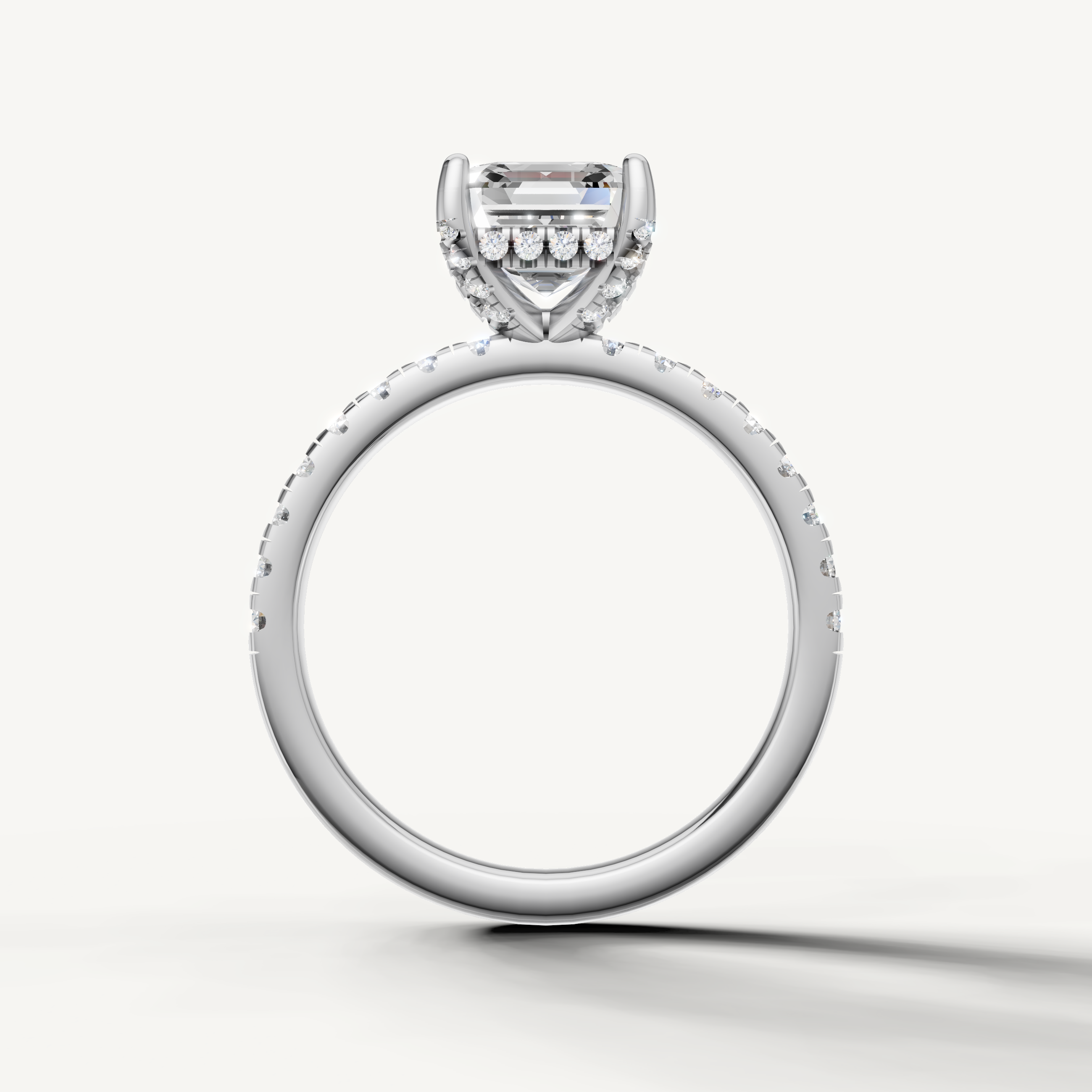 Minimalist asscher lab grown diamond ring with half pavé band white gold
