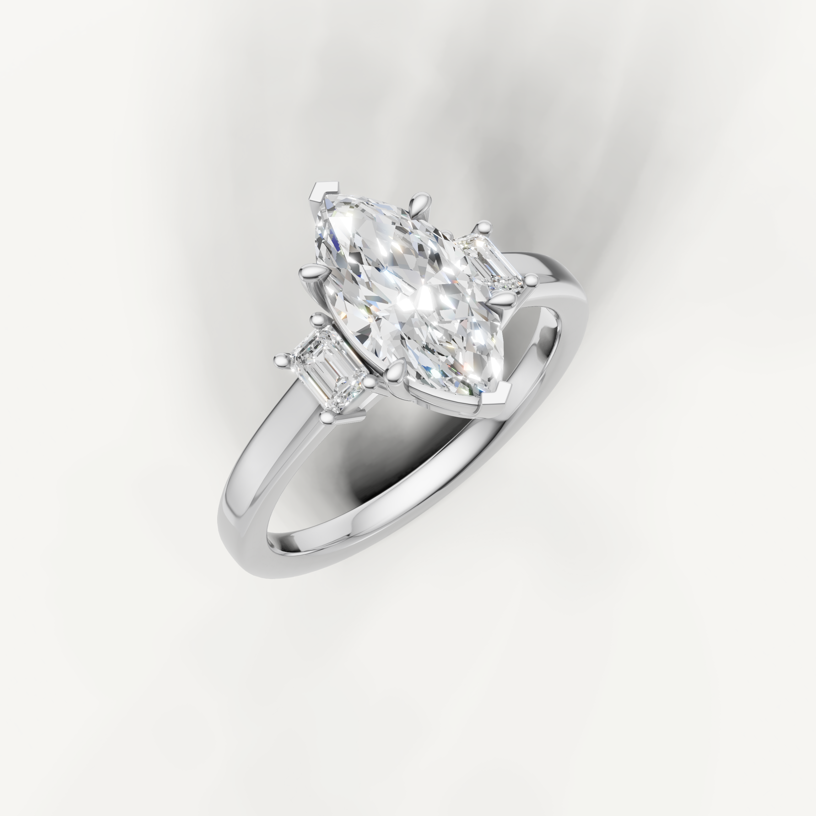 14K white gold marquise lab grown diamond ring with tapered baguette side diamonds and polished band