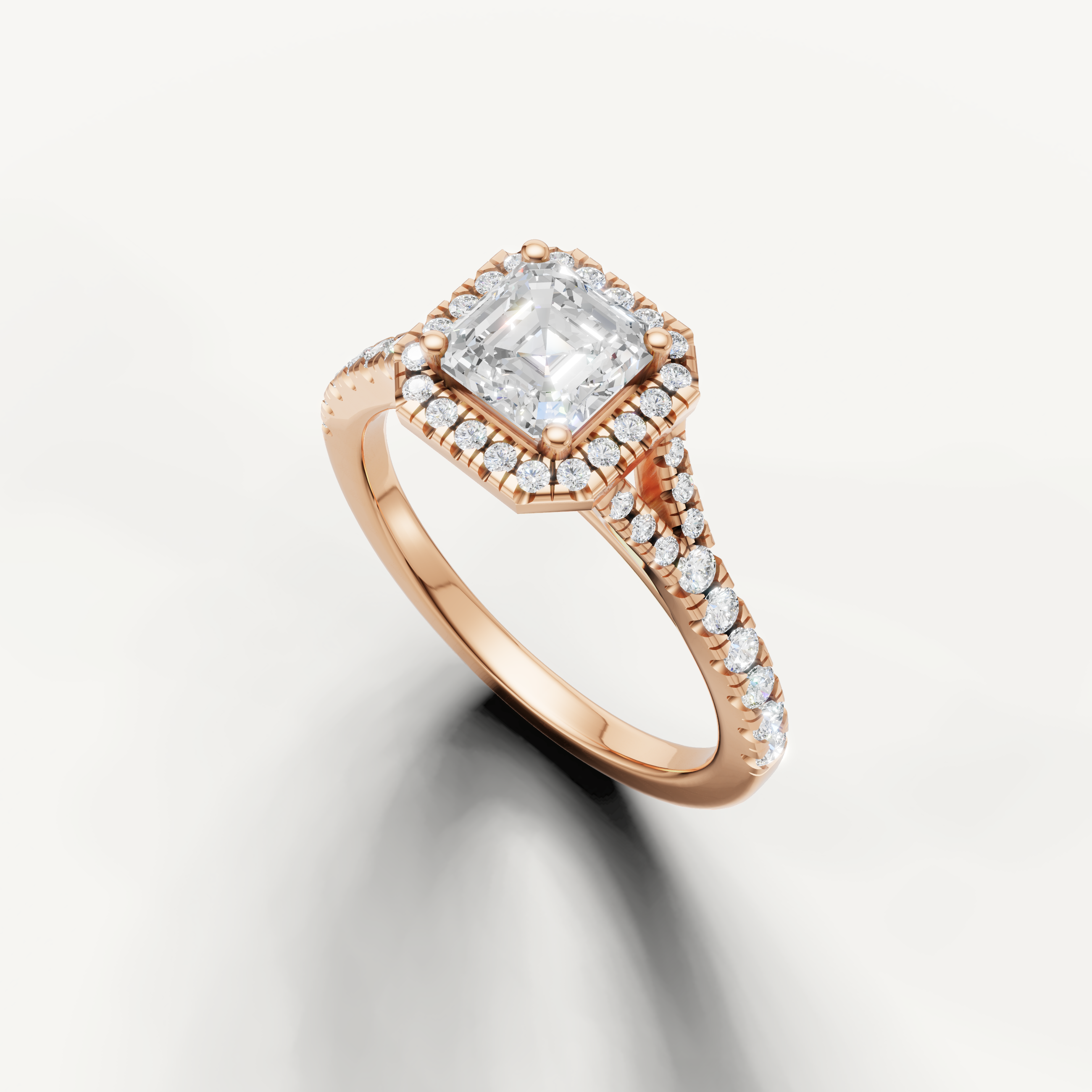 Vintage inspired asscher cut diamond halo ring with pavé band rose gold