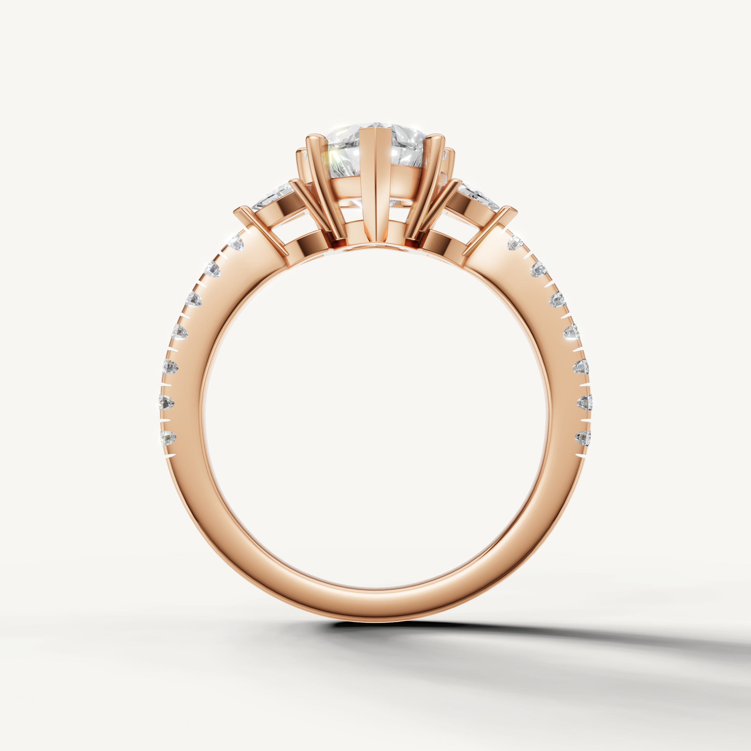 Three-stone heart cut lab grown diamond ring with pavé band in 14K gold