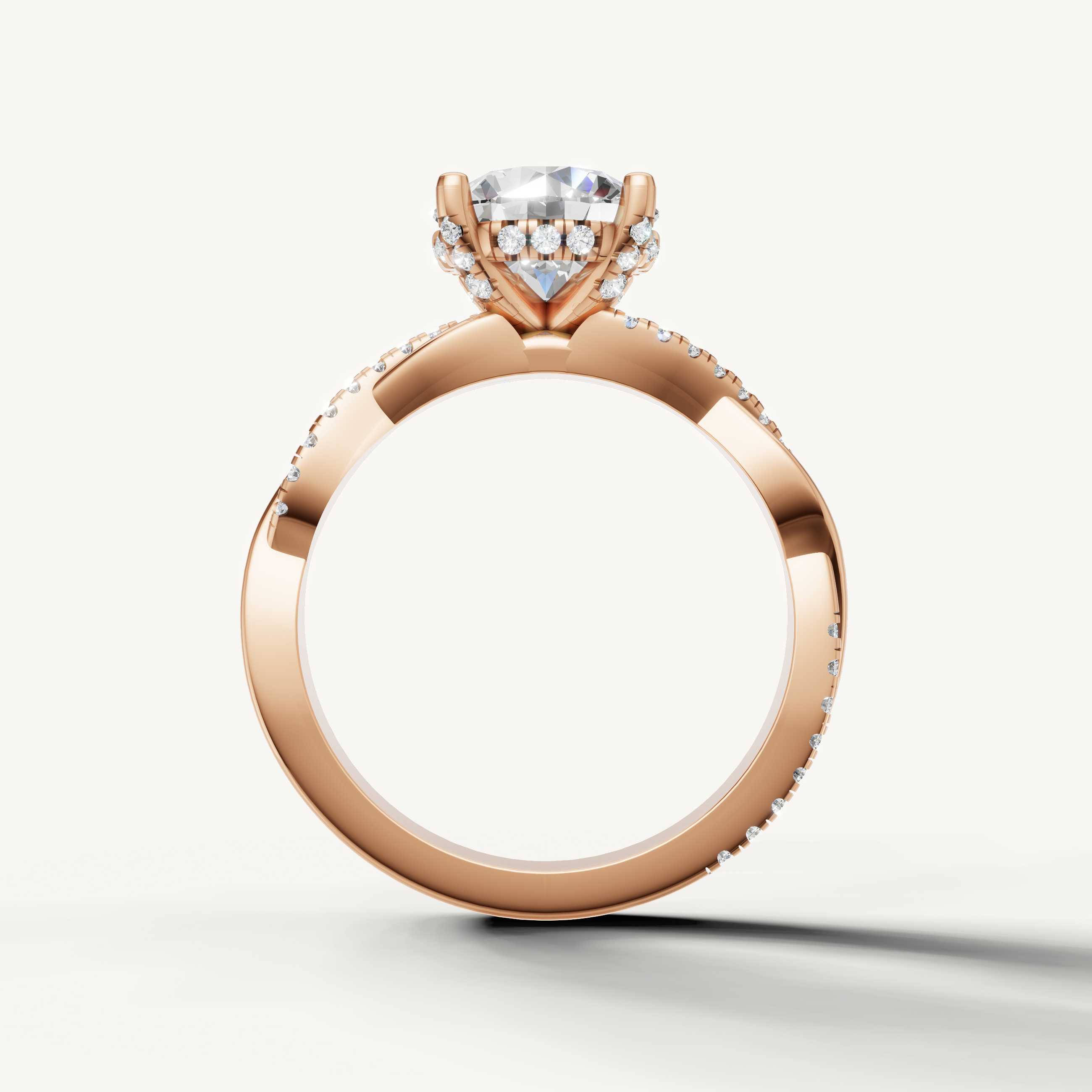modern round brilliant lab grown diamond engagement ring in 14k rose gold with shimmering pavé band