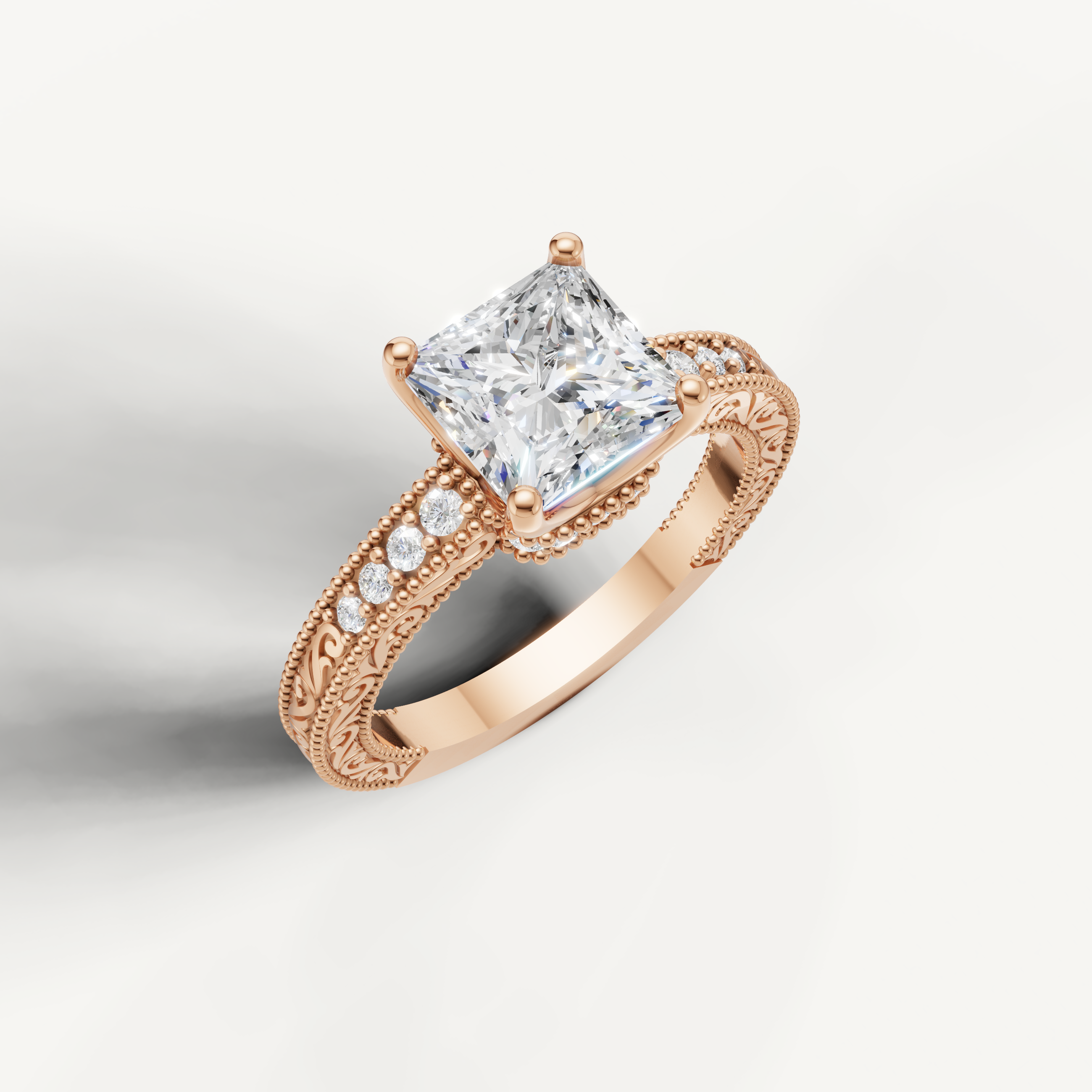 Rose gold princess cut lab grown diamond ring featuring intricate vintage filigree craftsmanship by Raul Diamonds.