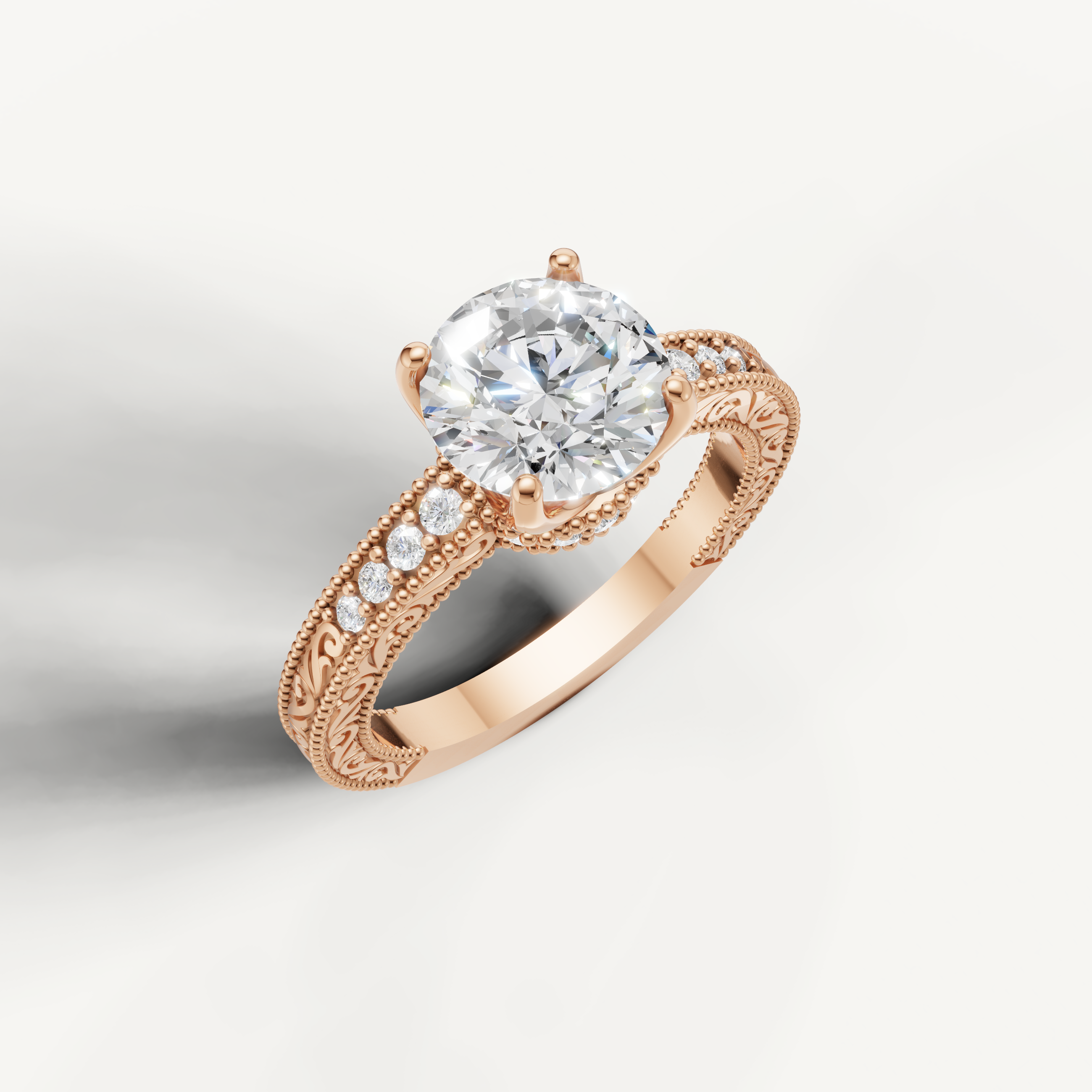 Rose gold round cut lab grown diamond ring featuring antique-inspired filigree craftsmanship by Raul Diamonds.