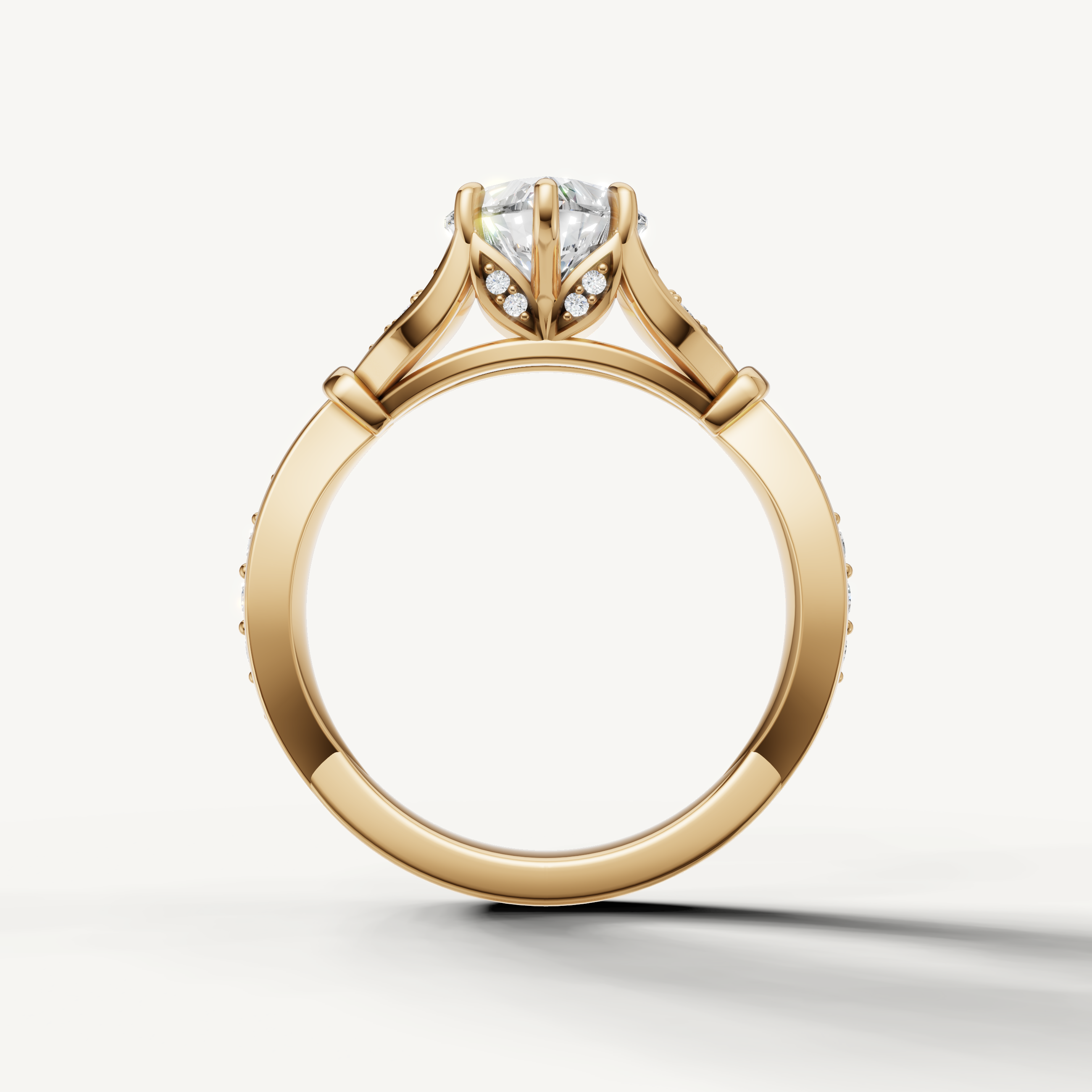 heart shaped lab grown diamond ring with leaf design pavé band yellow gold