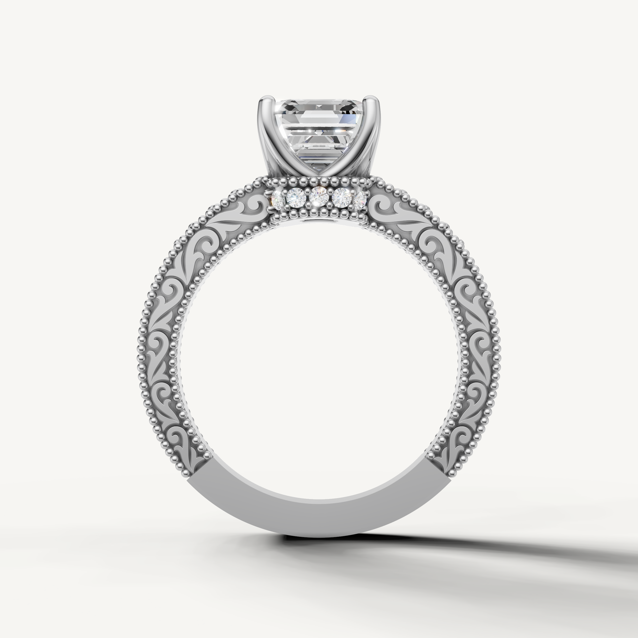 Vintage-style Asscher cut lab grown diamond engagement ring with ornate white gold band and detailed craftsmanship by Raul Diamonds