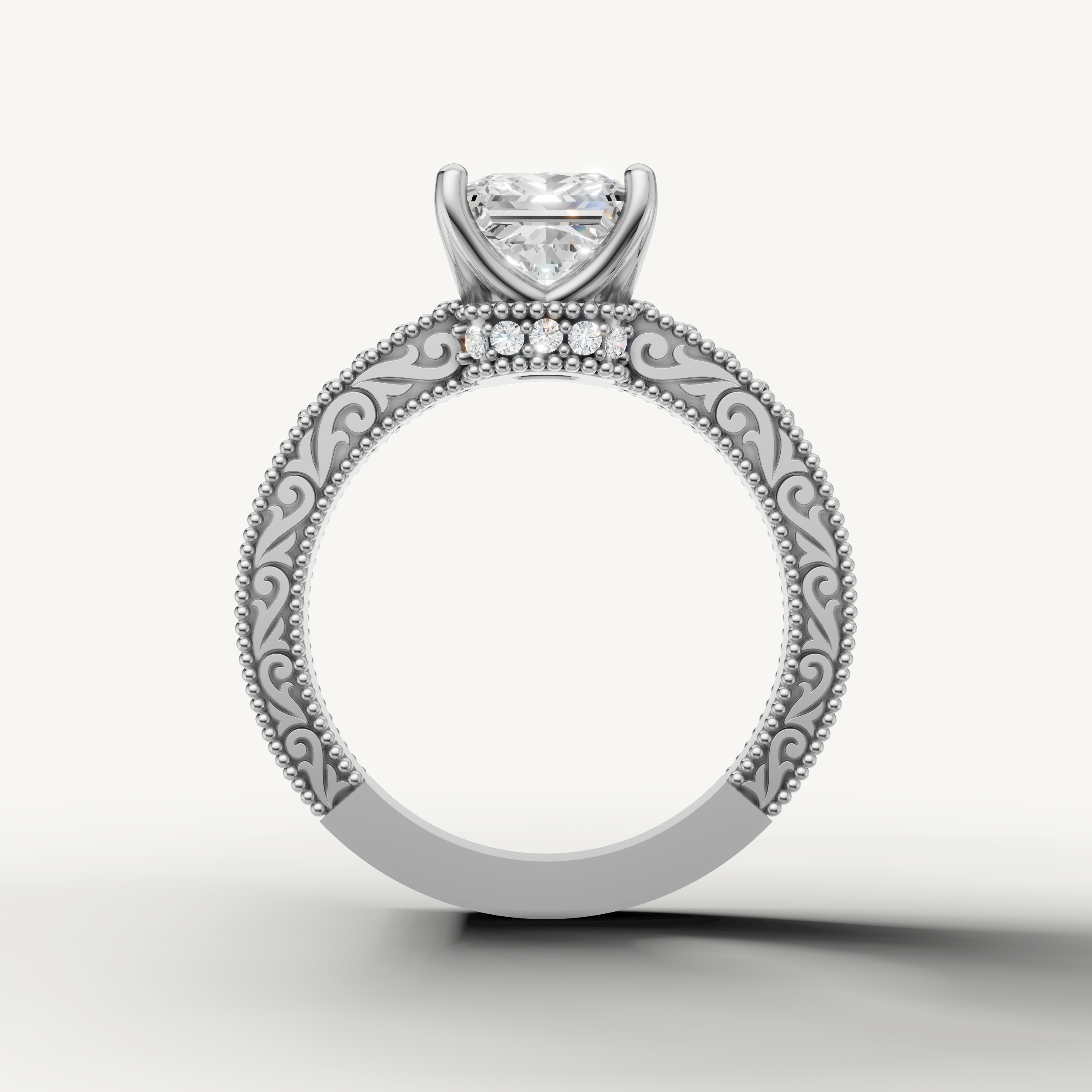 Vintage-inspired princess cut lab grown diamond engagement ring with ornate white gold band by Raul Diamonds.