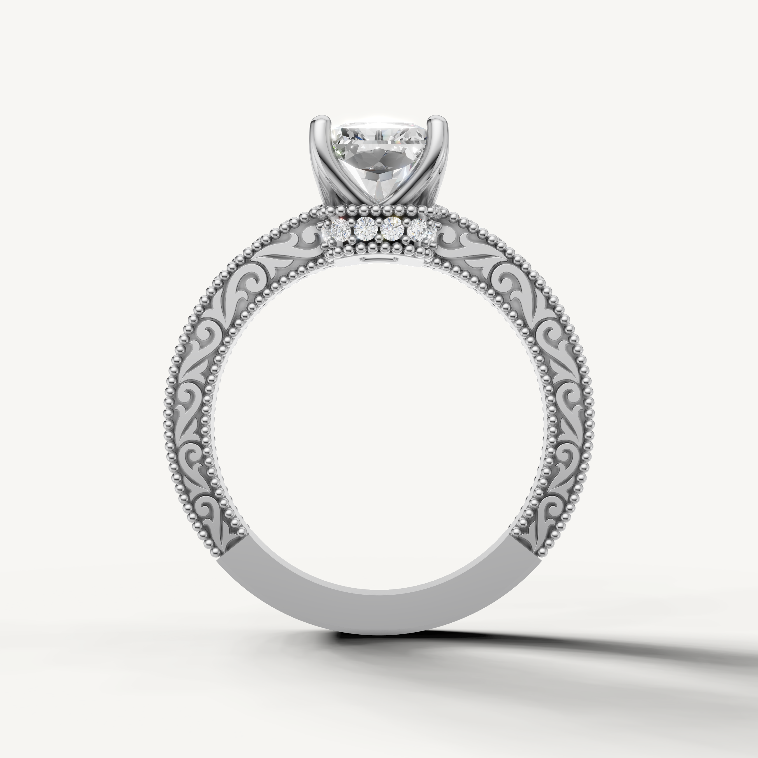Vintage-inspired radiant cut lab grown diamond engagement ring with ornate white gold band by Raul Diamonds.