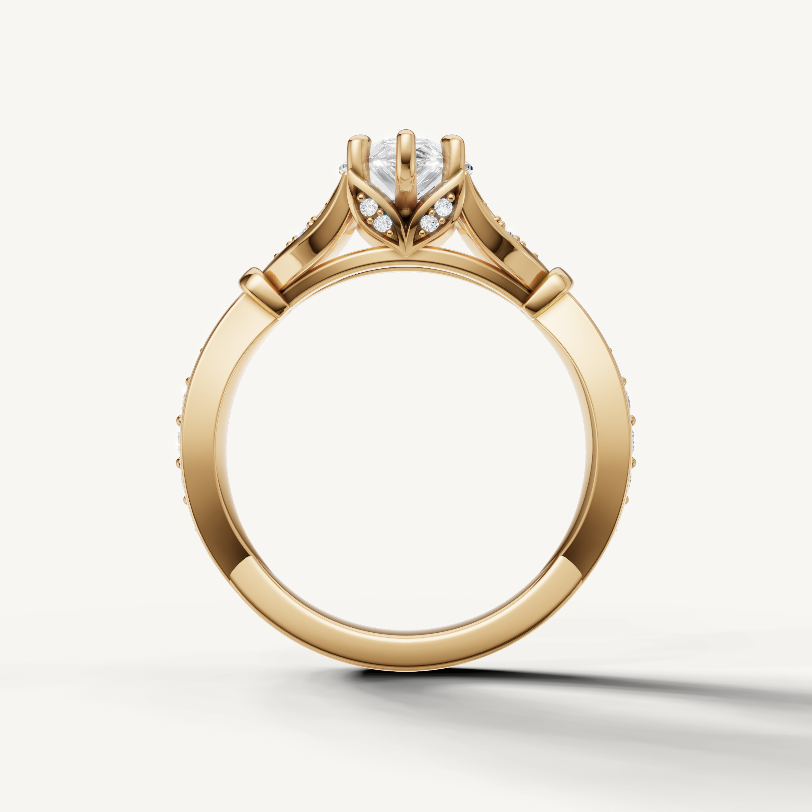 Raul Diamonds yellow gold pear cut engagement ring with elongated vintage inspired pavé design