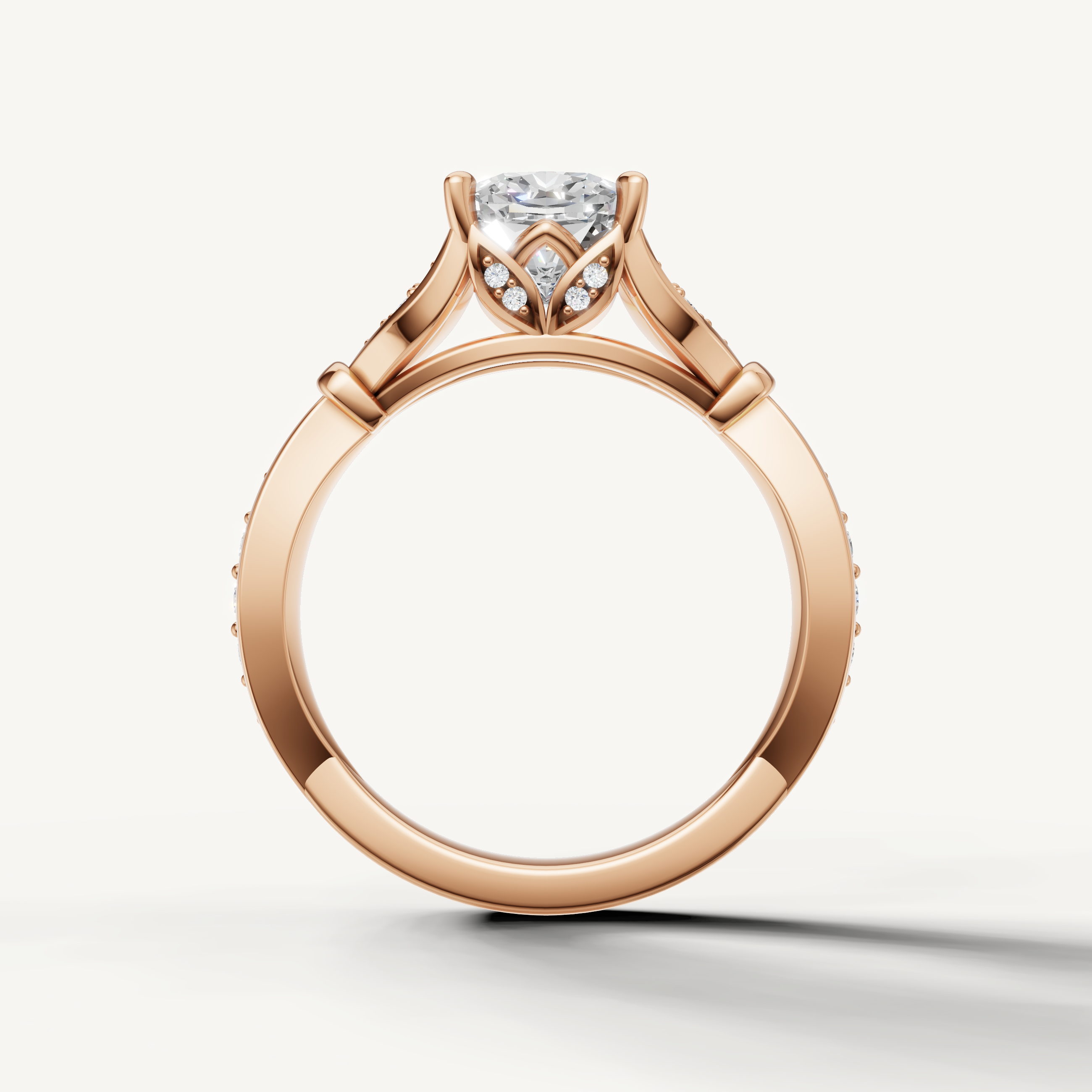 Raul Diamonds rose gold cushion cut engagement ring with romantic pavé twist detailing and vintage styling