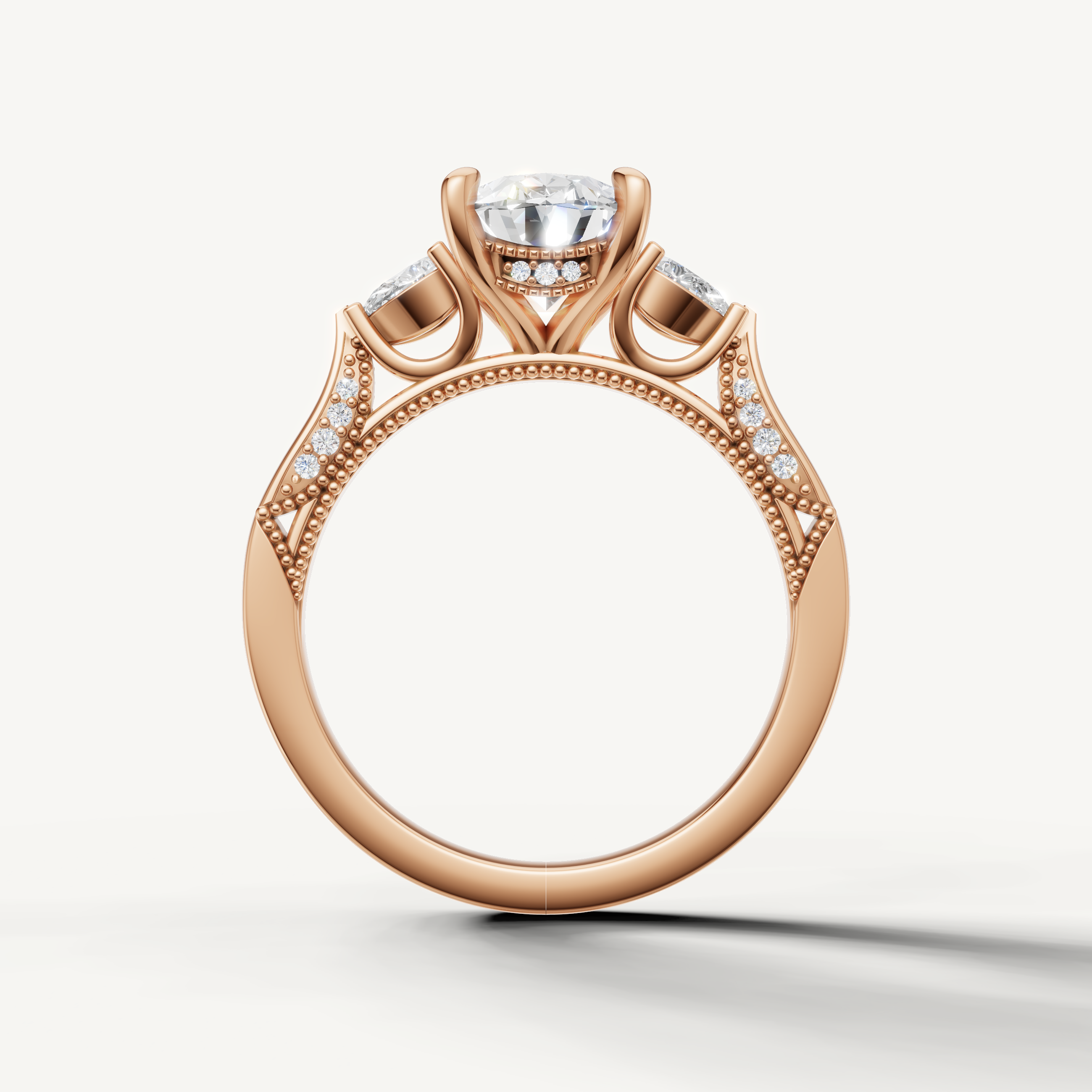 Oval shape lab grown diamond engagement ring with pear side diamonds rose gold romantic style
